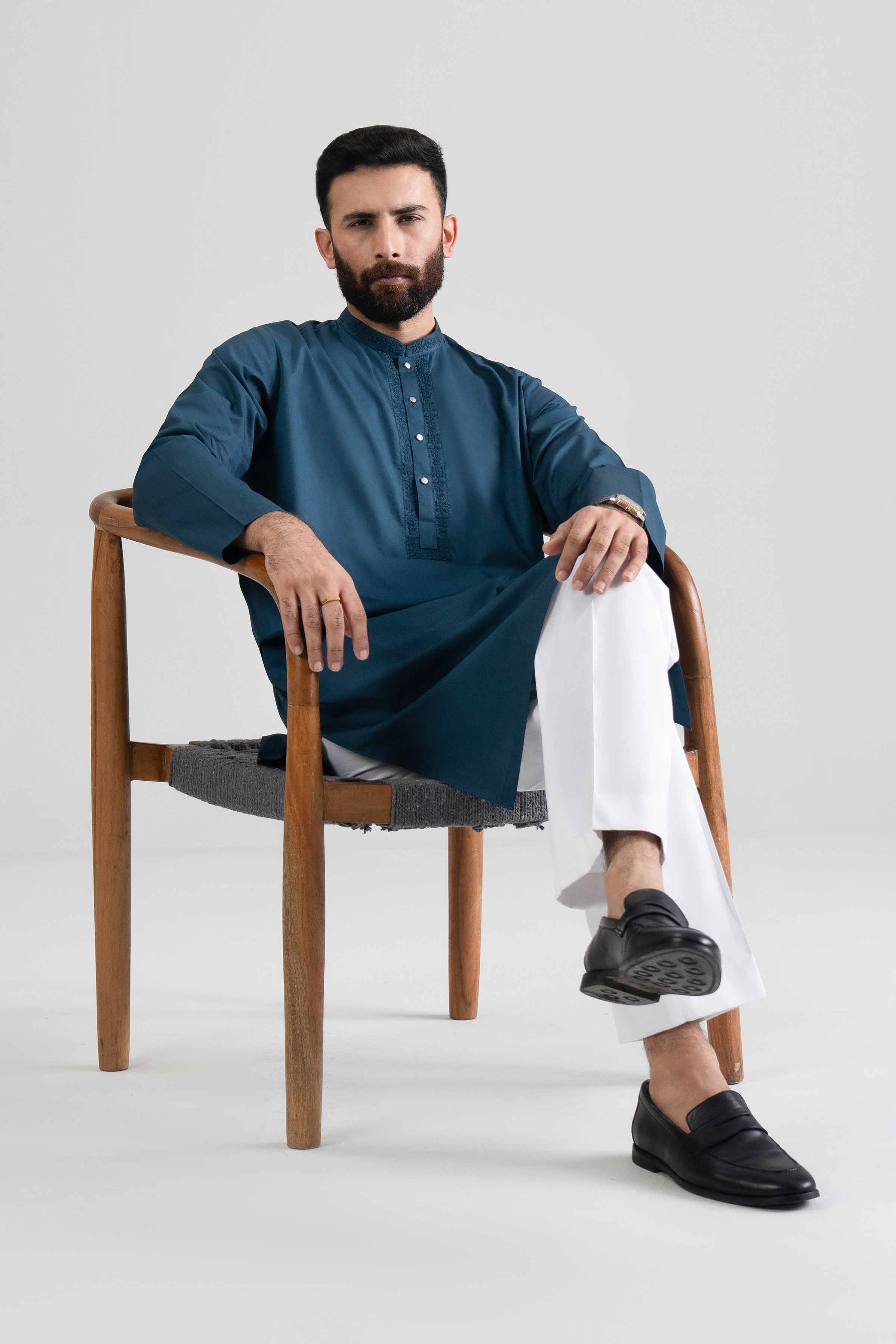 Embroidered Kurta - NQ26-008 Blue Cotton 1PC Embroidered