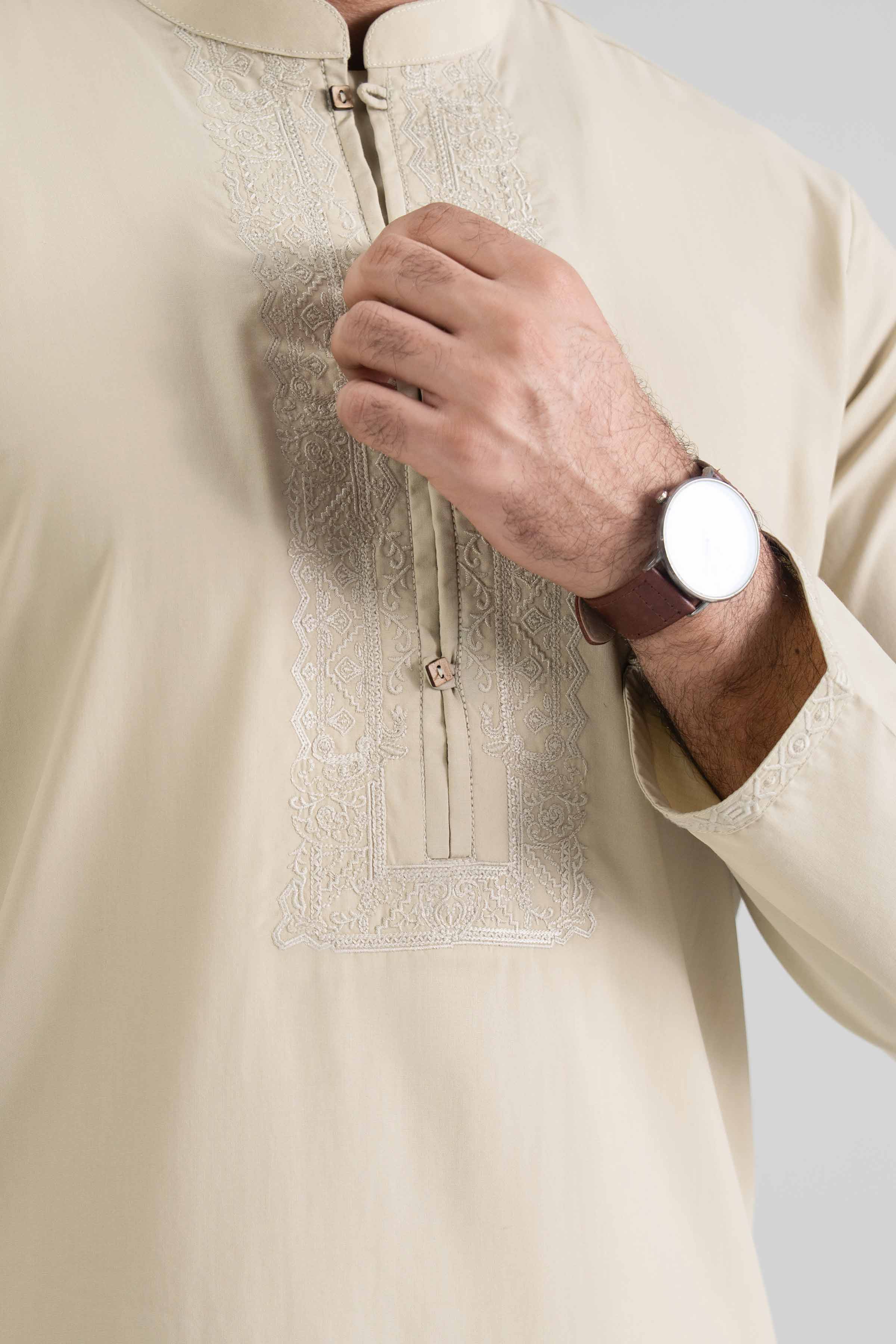 Embroidered Kurta - NQ26-009 Ready To Wear Beige Blended 1PC Embroidered