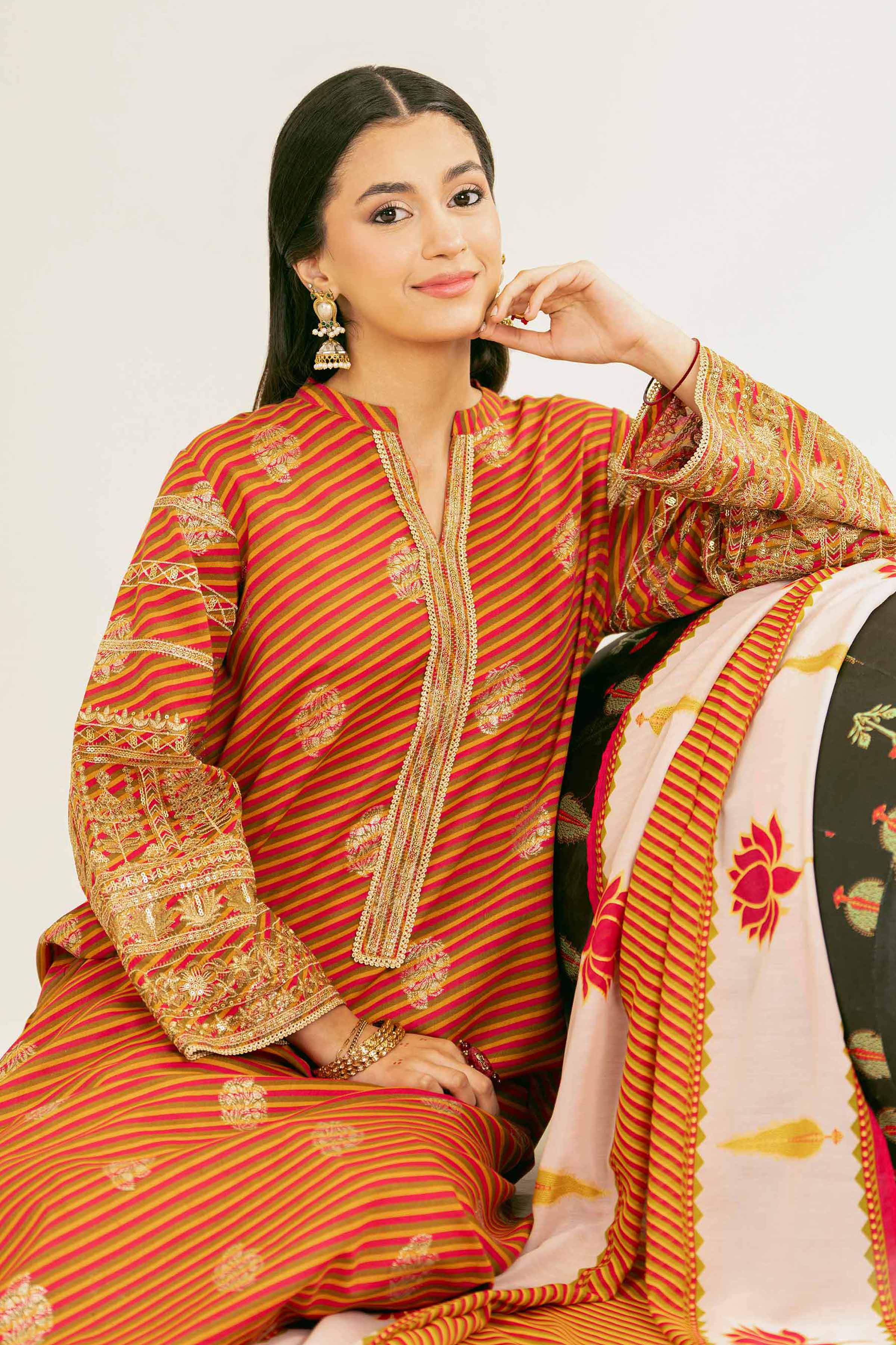 3 Piece - Printed Embroidered Suit - PE25-284