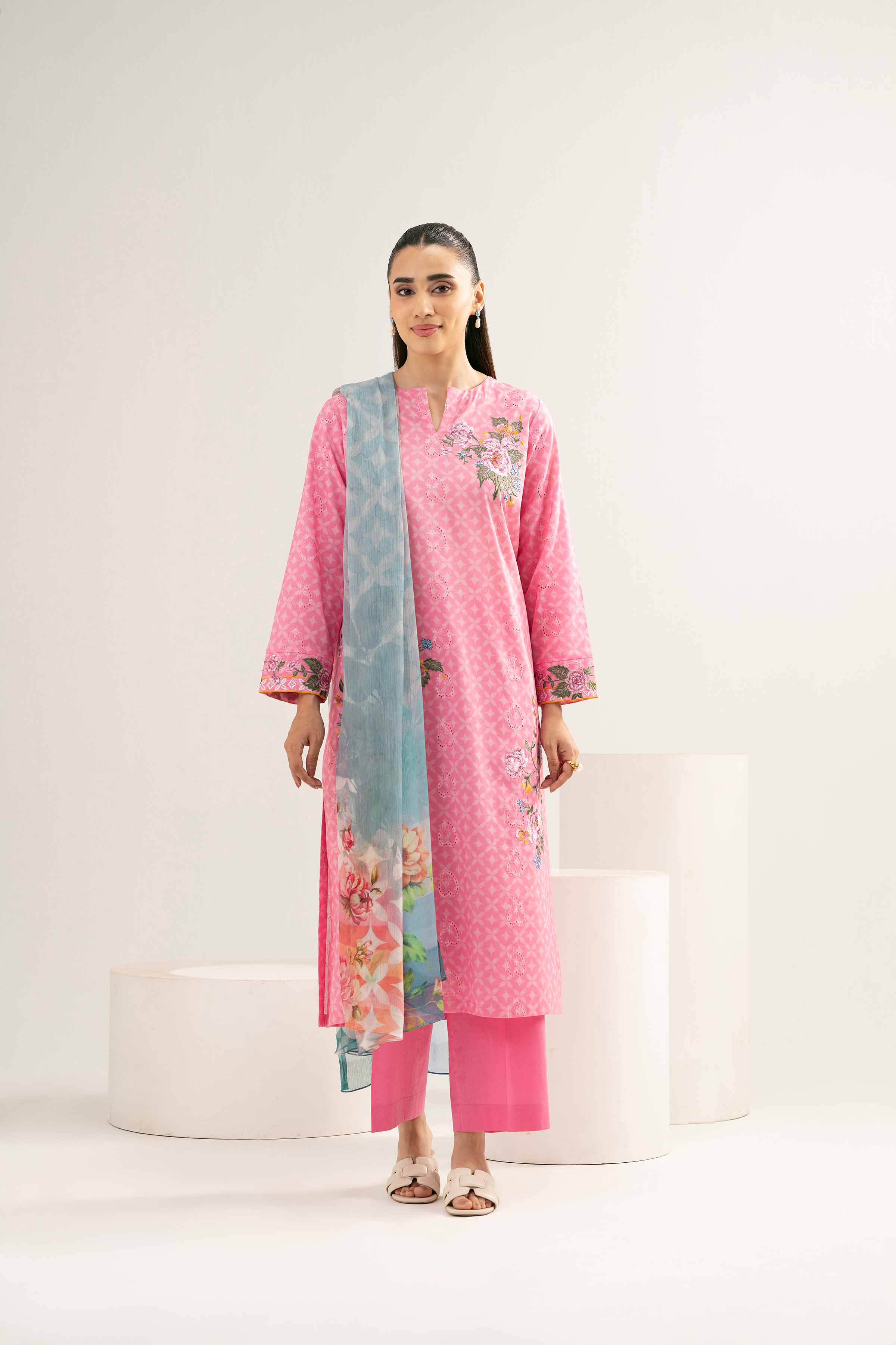 3 Piece - Printed Embroidered Suit - PE25-372