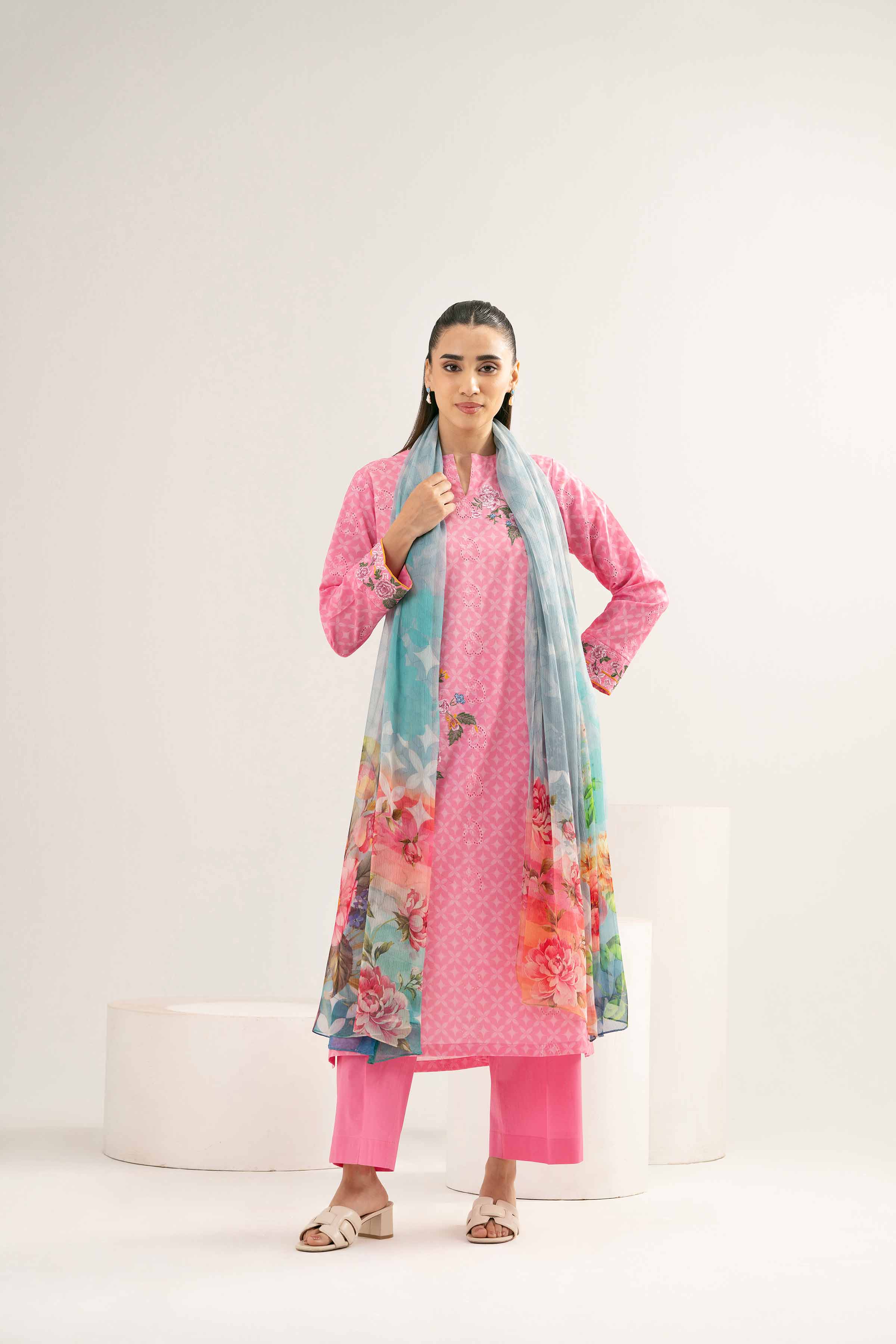 3 Piece - Printed Embroidered Suit - PE25-372