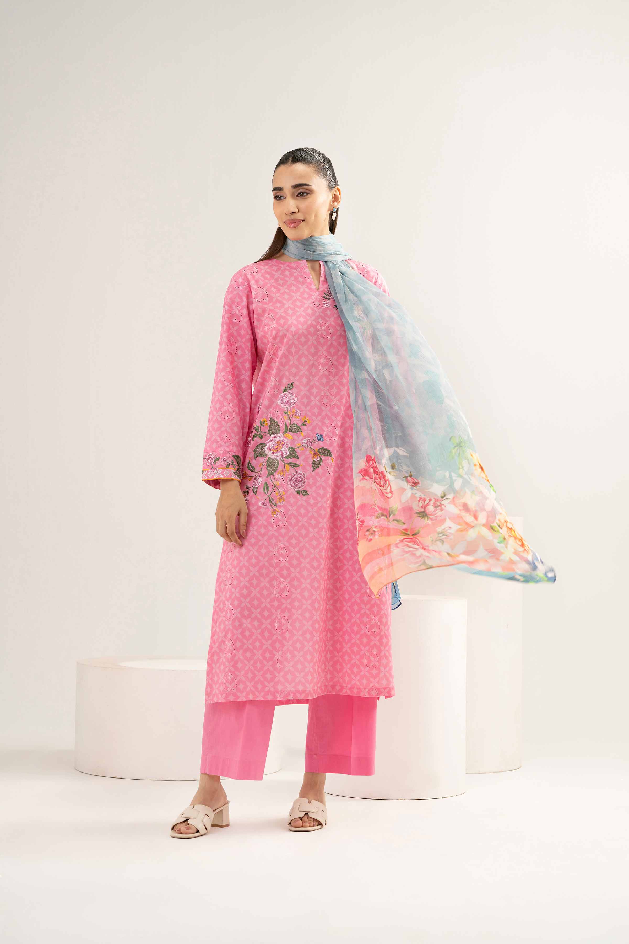 3 Piece - Printed Embroidered Suit - PE25-372