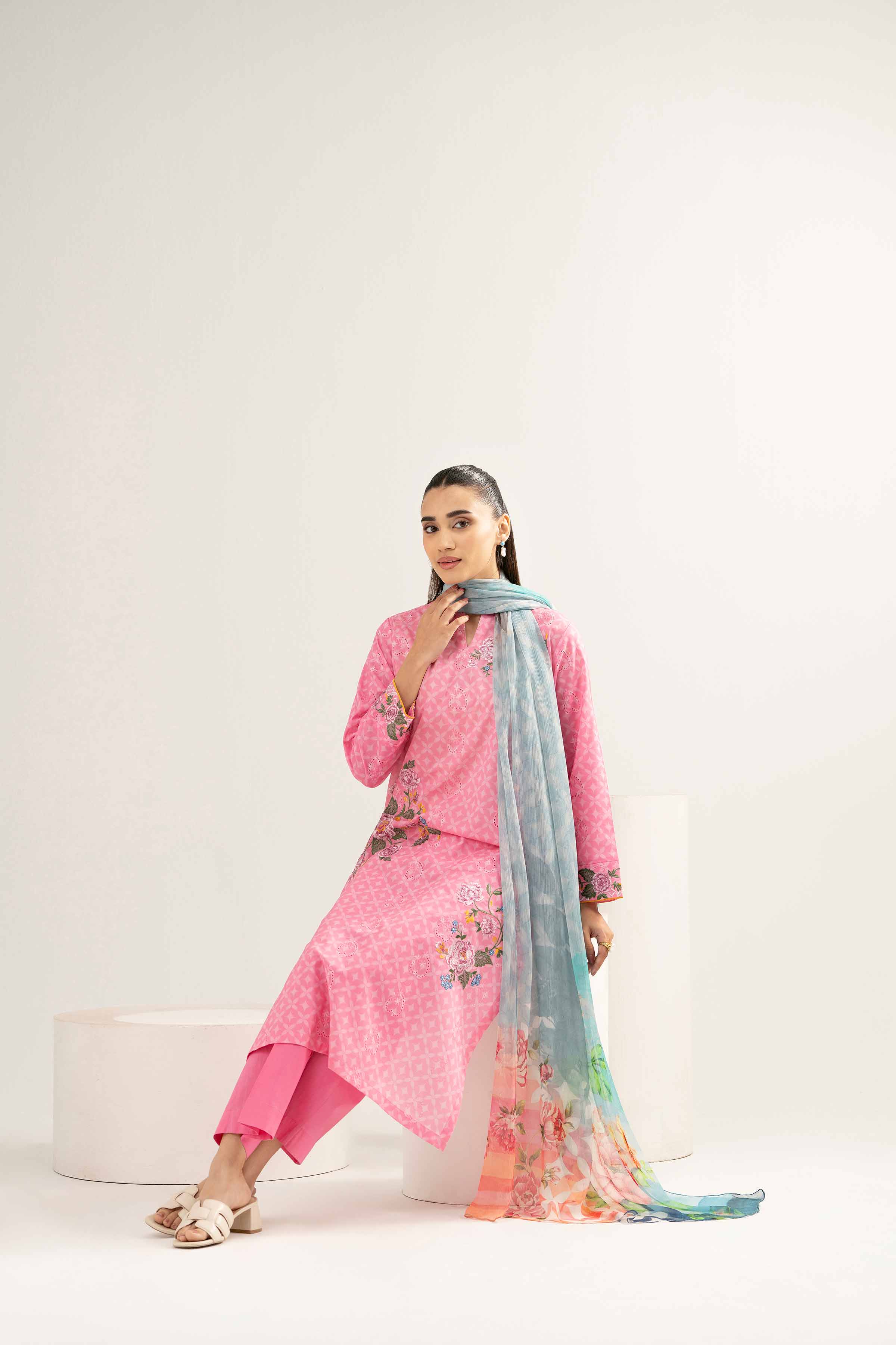 3 Piece - Printed Embroidered Suit - PE25-372