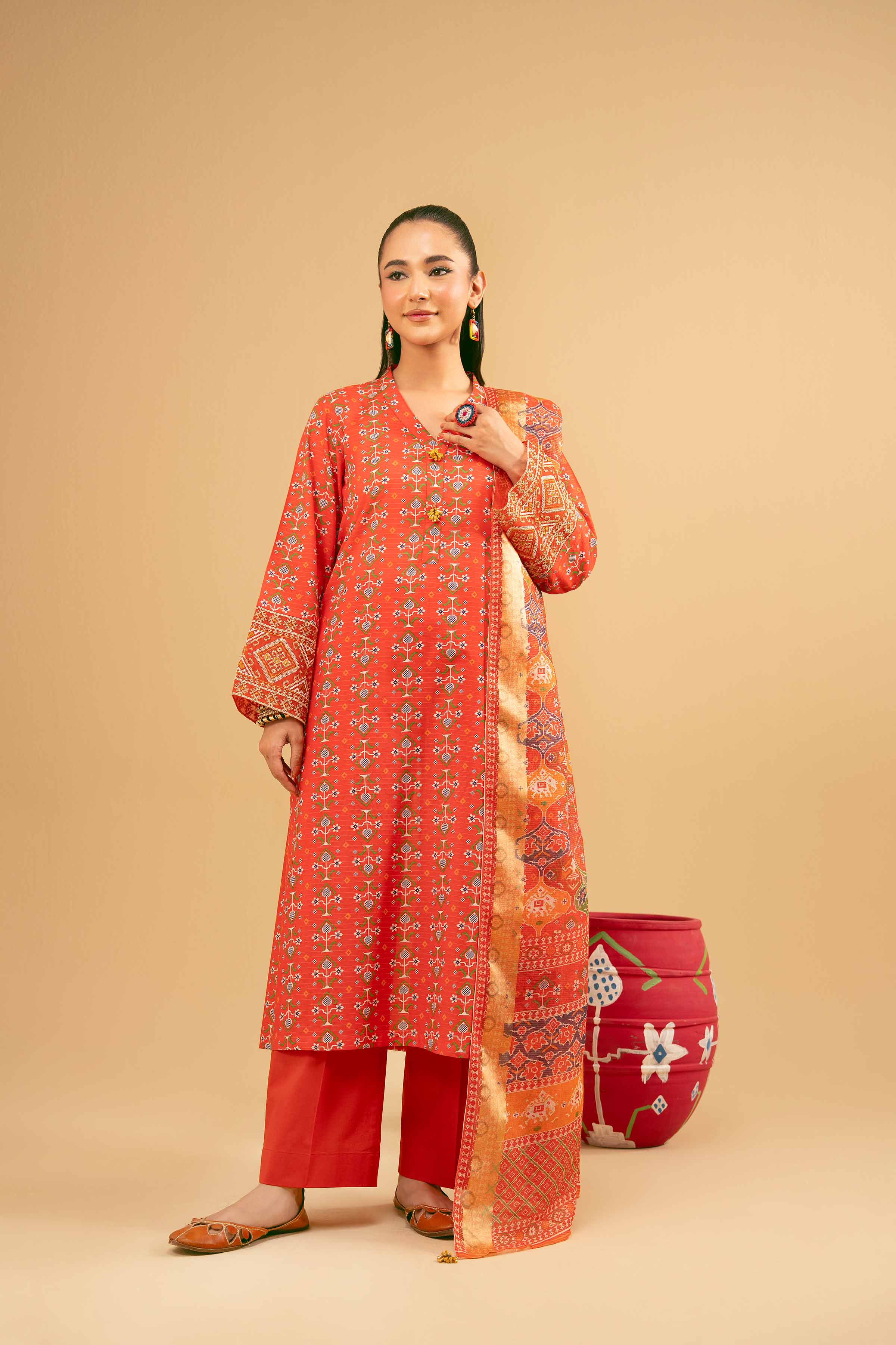 3 Piece - Printed Embroidered Suit - PE25-375