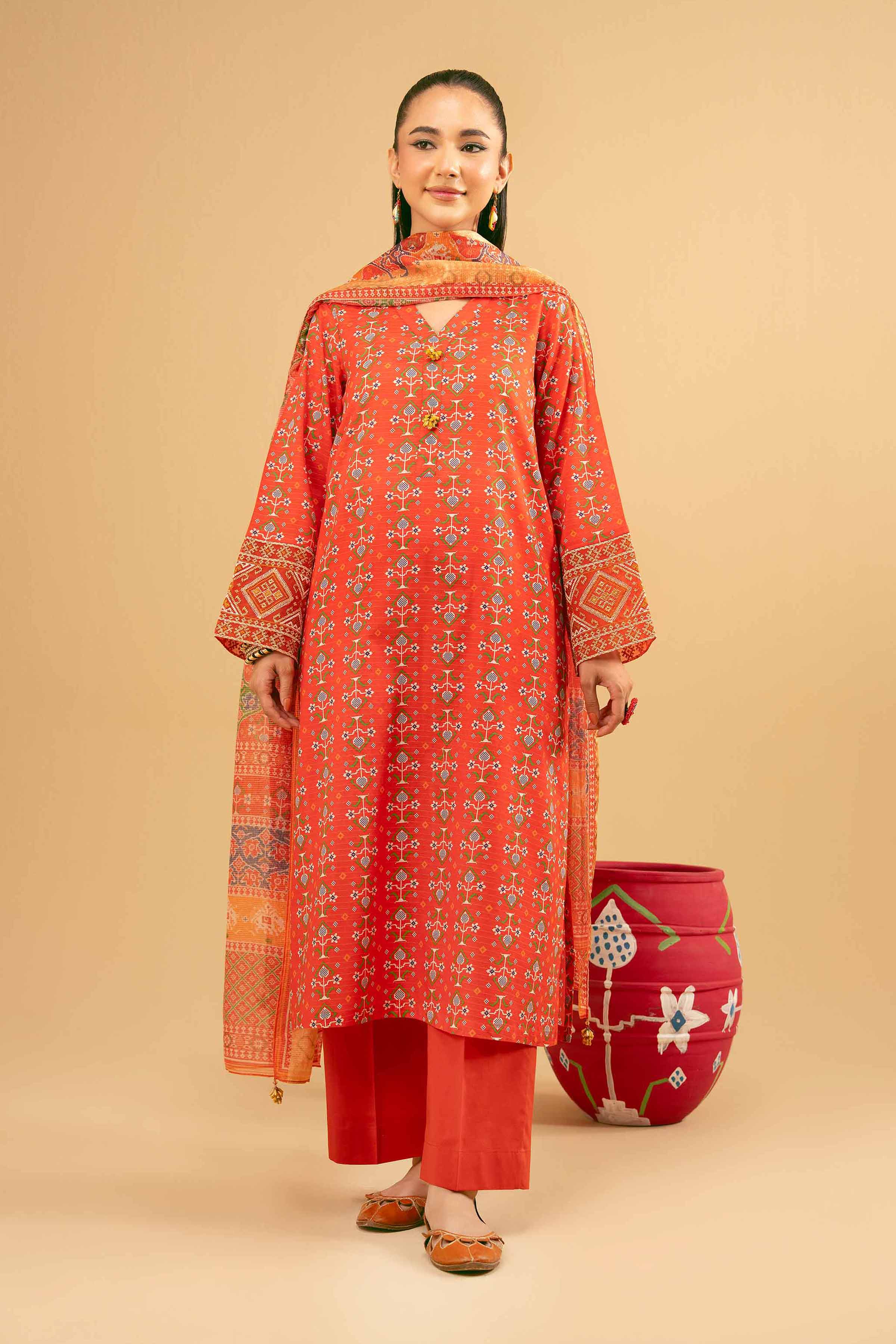 3 Piece - Printed Embroidered Suit - PE25-375