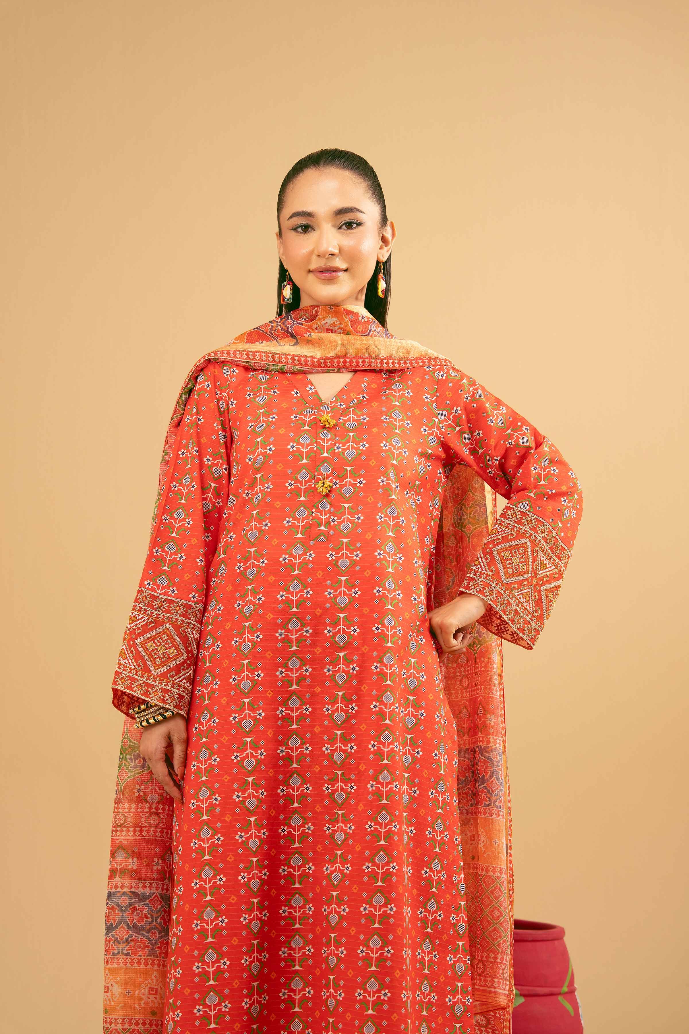 3 Piece - Printed Embroidered Suit - PE25-375