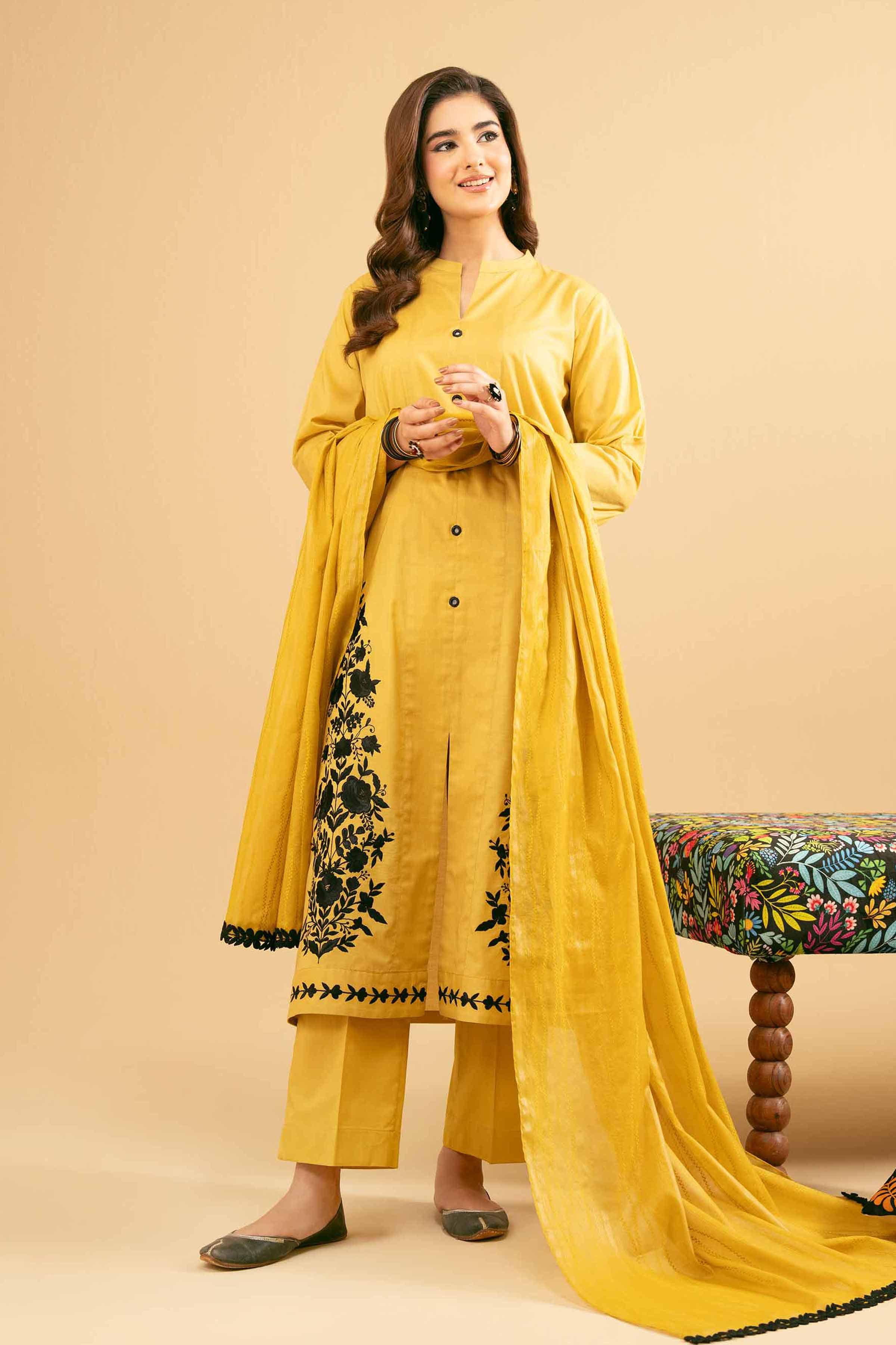 NISHATUAE - Mustard Embroidered Cambric 3-piece Ready to wear Suit