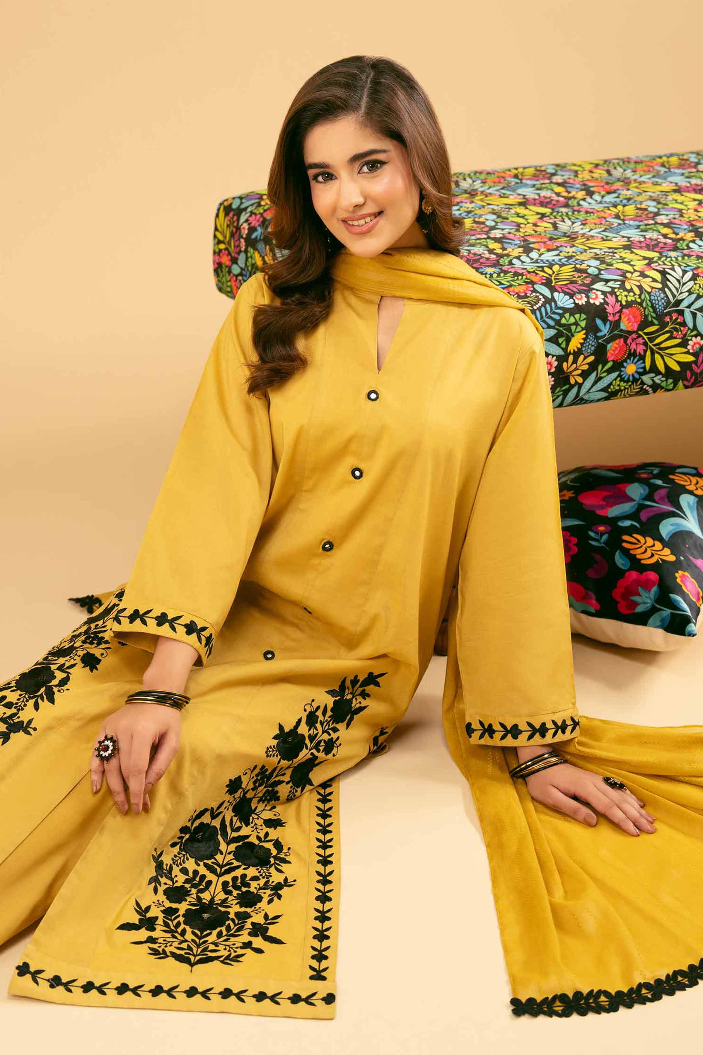 NISHATUAE - Mustard Embroidered Cambric 3-piece Ready to wear Suit