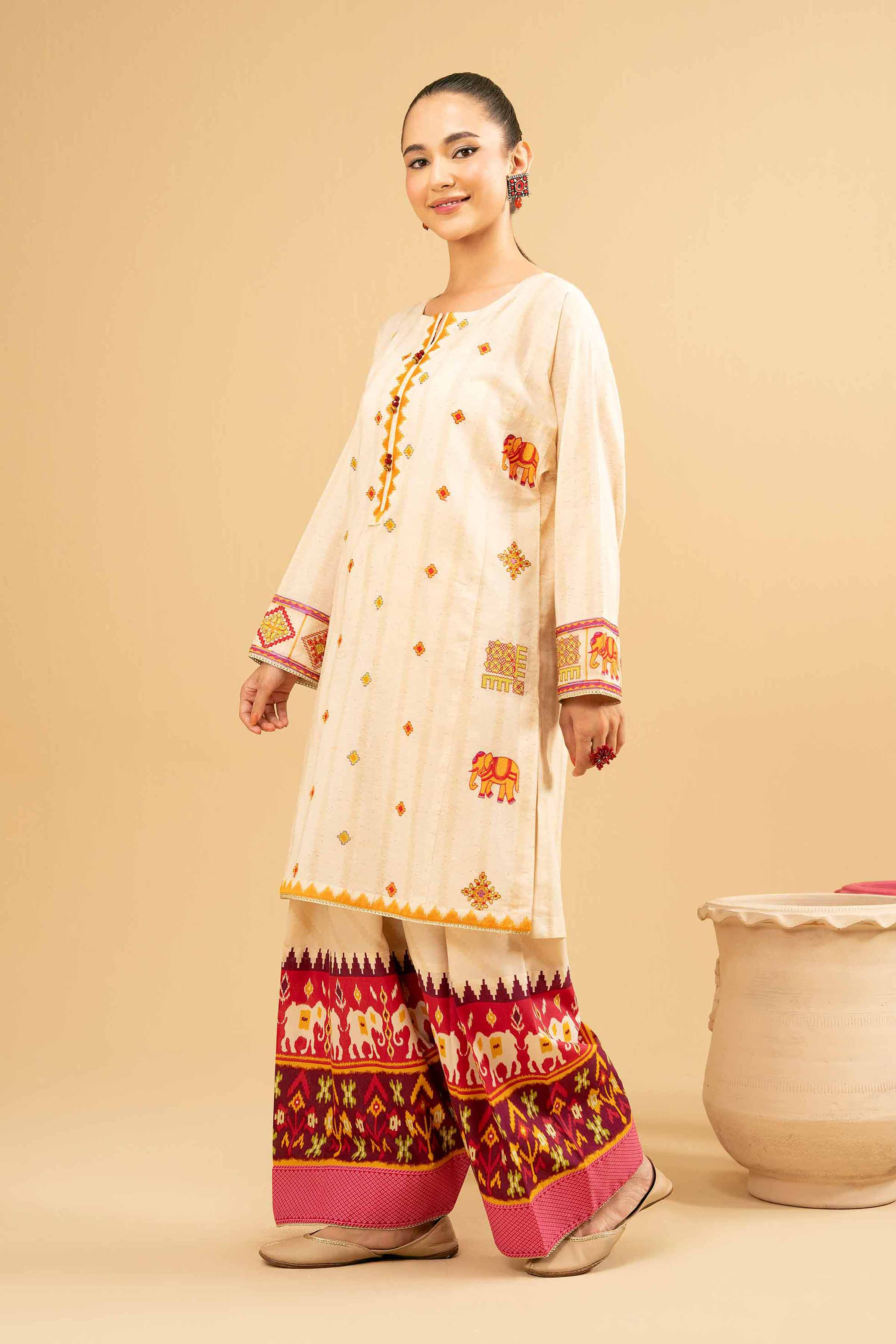 NISHATUAE - White Embroidered Yarn Dyed 2-piece Ready to wear Dress