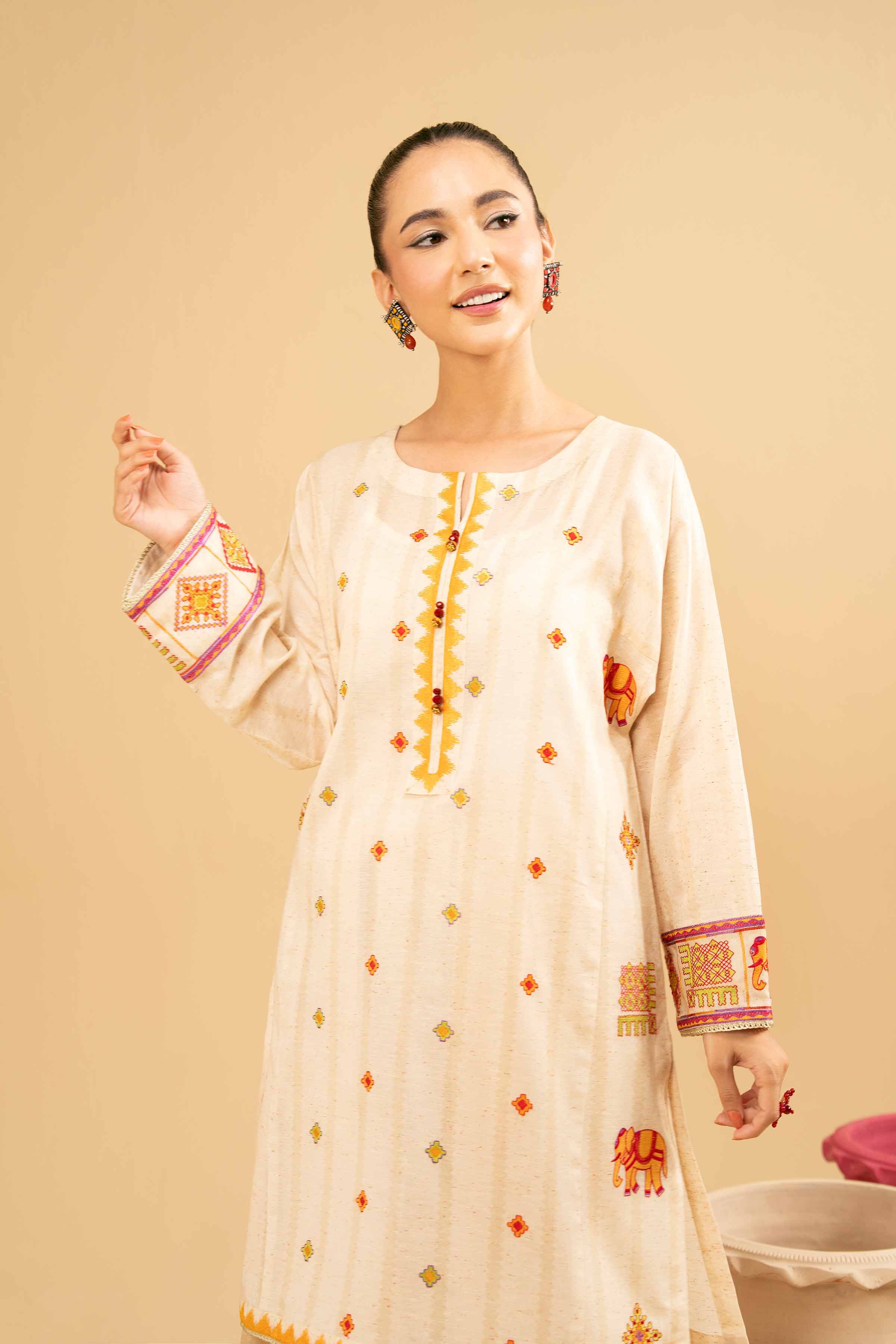 NISHATUAE - White Embroidered Yarn Dyed 2-piece Ready to wear Dress