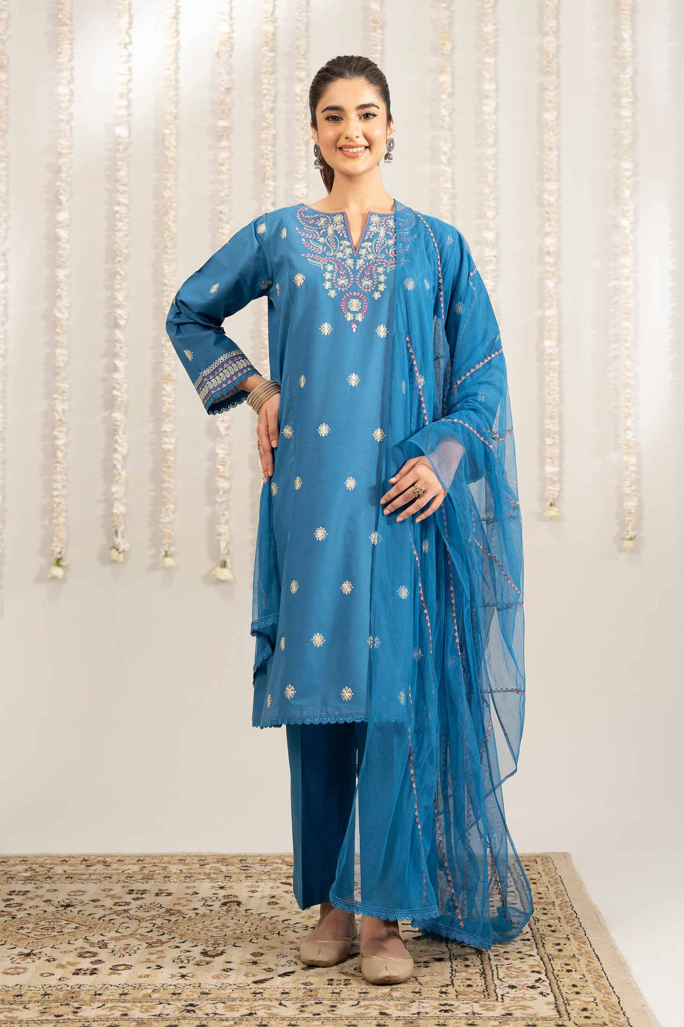 NISHATUAE - Blue Embroidered Cambric 3-piece Ready to wear Suit