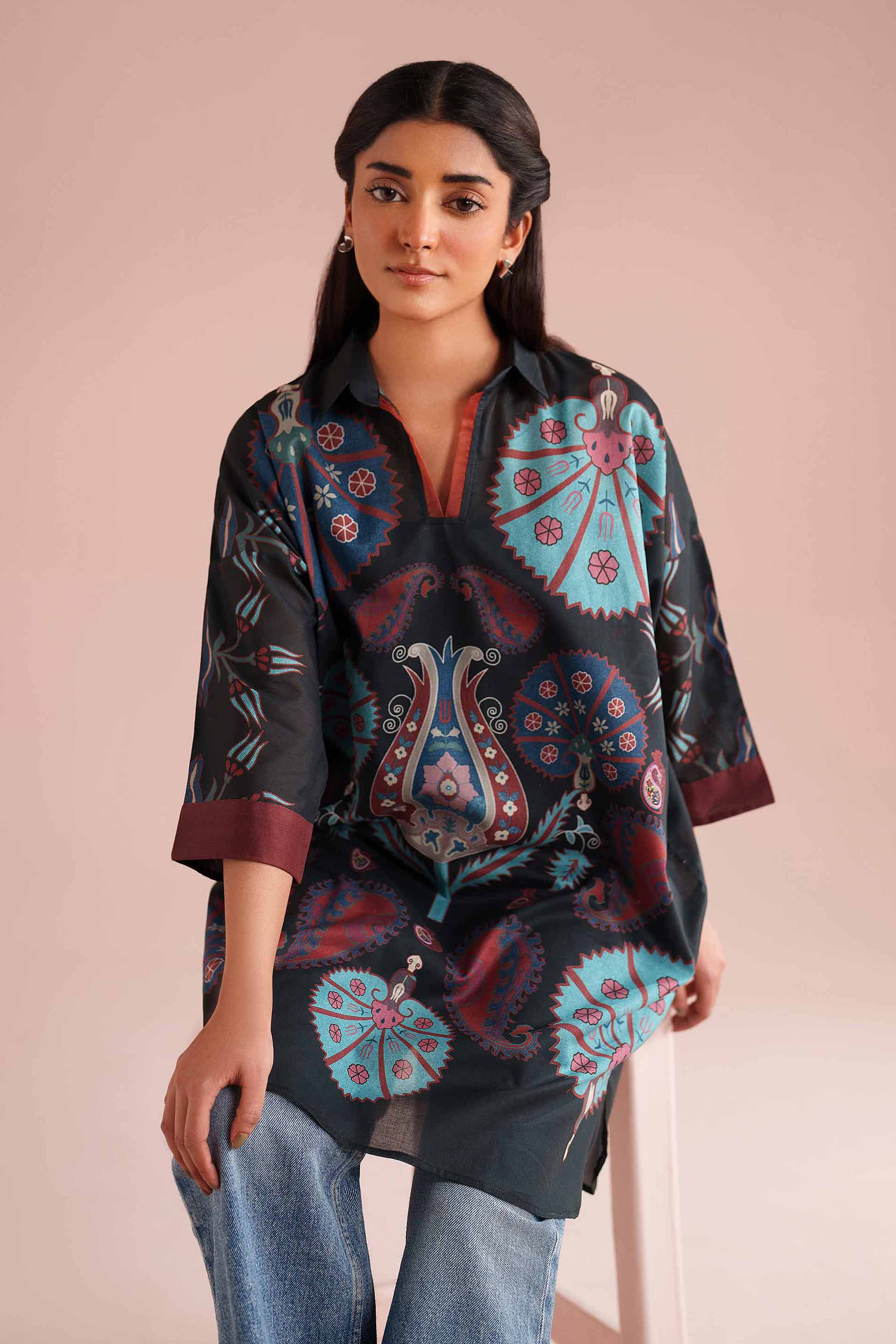 Printed Kimono - PE26-105 Black Lawn 1PC Printed READY TO WEAR