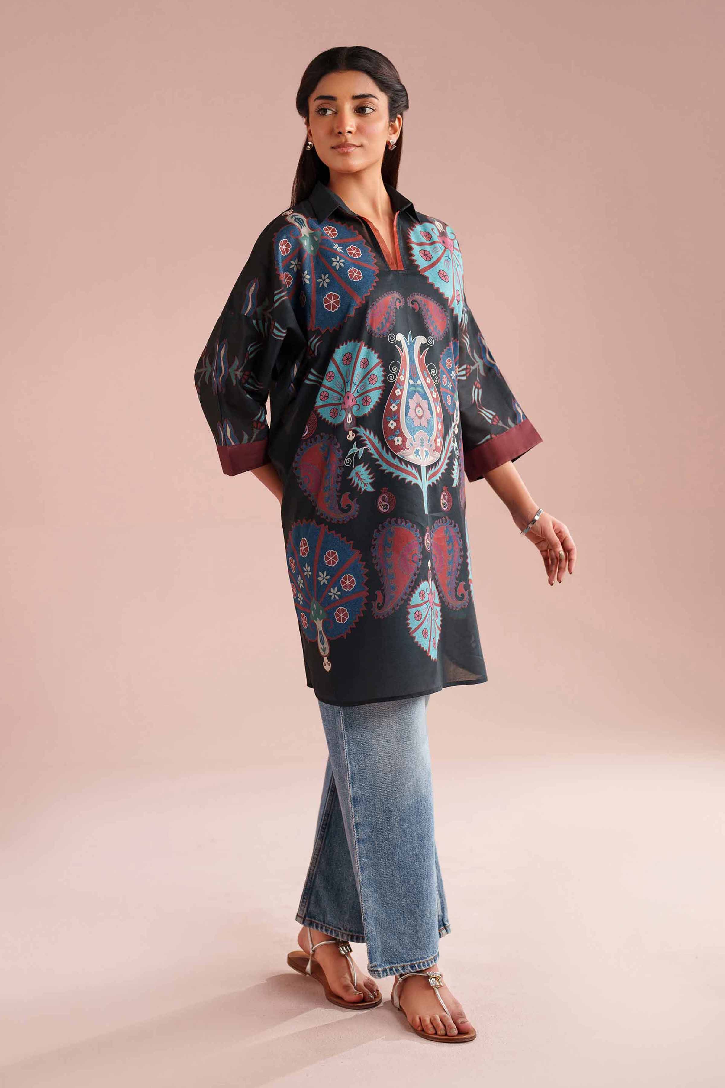 Printed Kimono - PE26-105 Black Lawn 1PC Printed READY TO WEAR