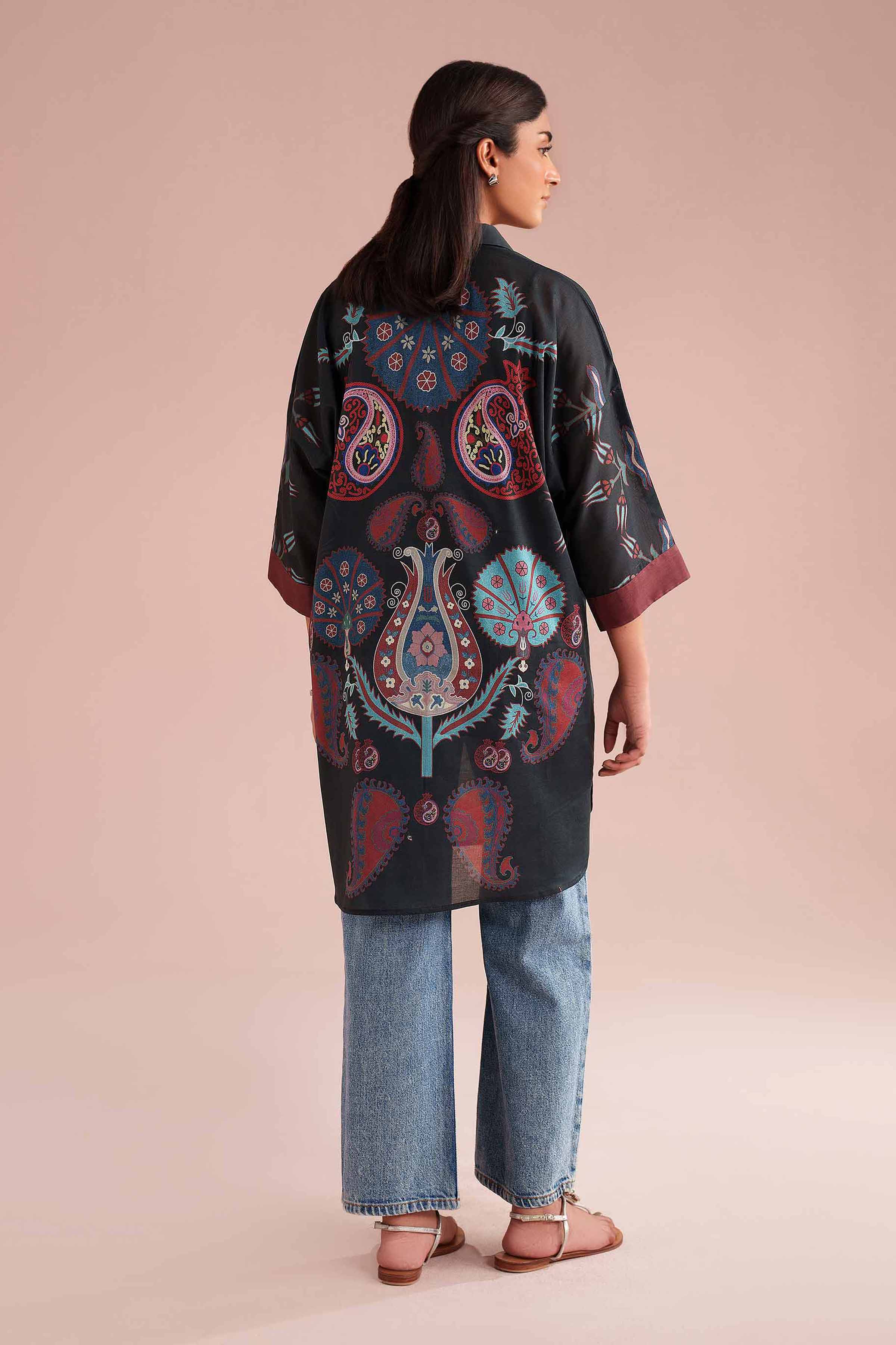Printed Kimono - PE26-105 Black Lawn 1PC Printed READY TO WEAR