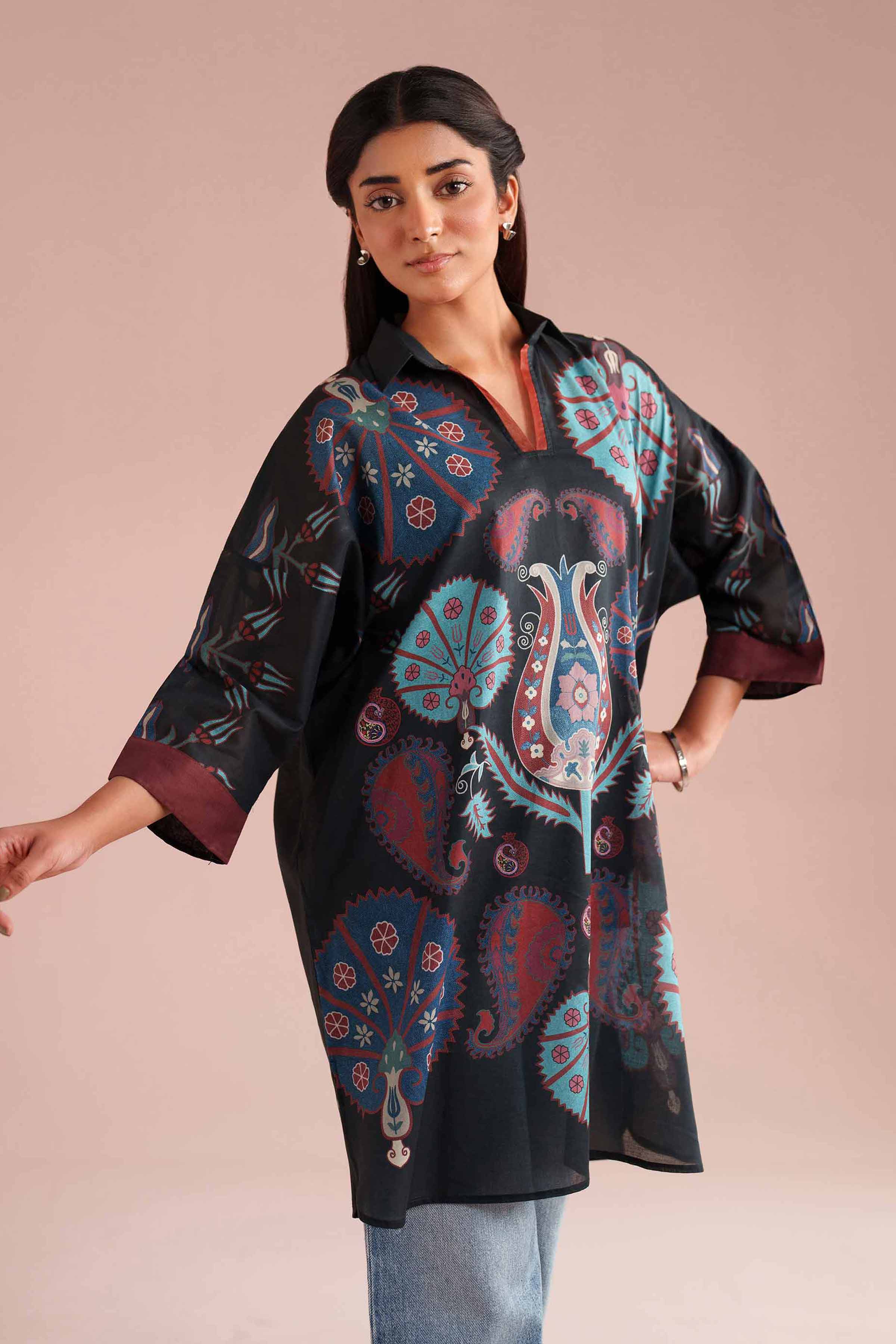 Printed Kimono - PE26-105 Black Lawn 1PC Printed READY TO WEAR