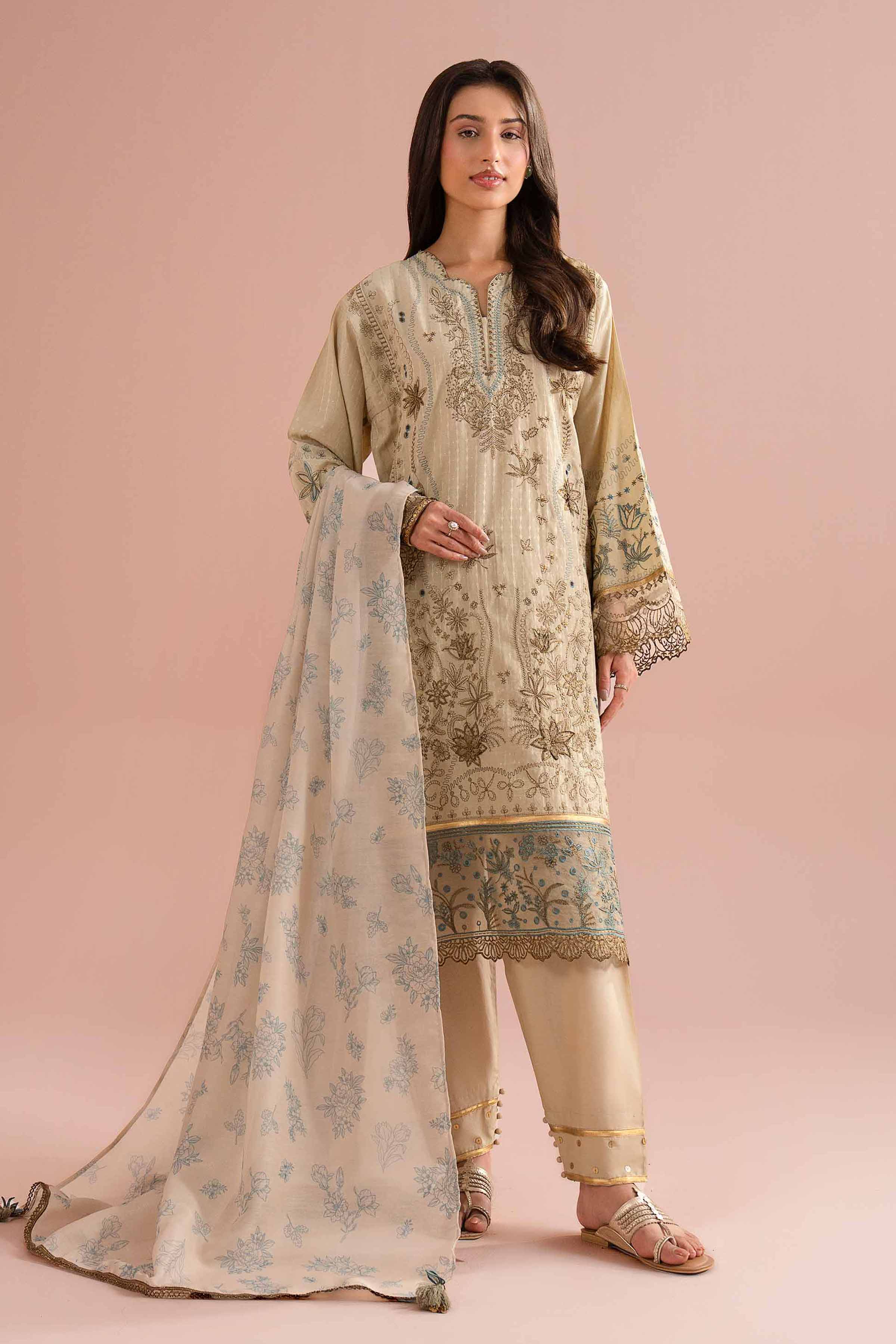 3 Piece - Printed Embroidered Suit - PE26-115 Beige Lurex Dyed Embroidered A-Line shirt