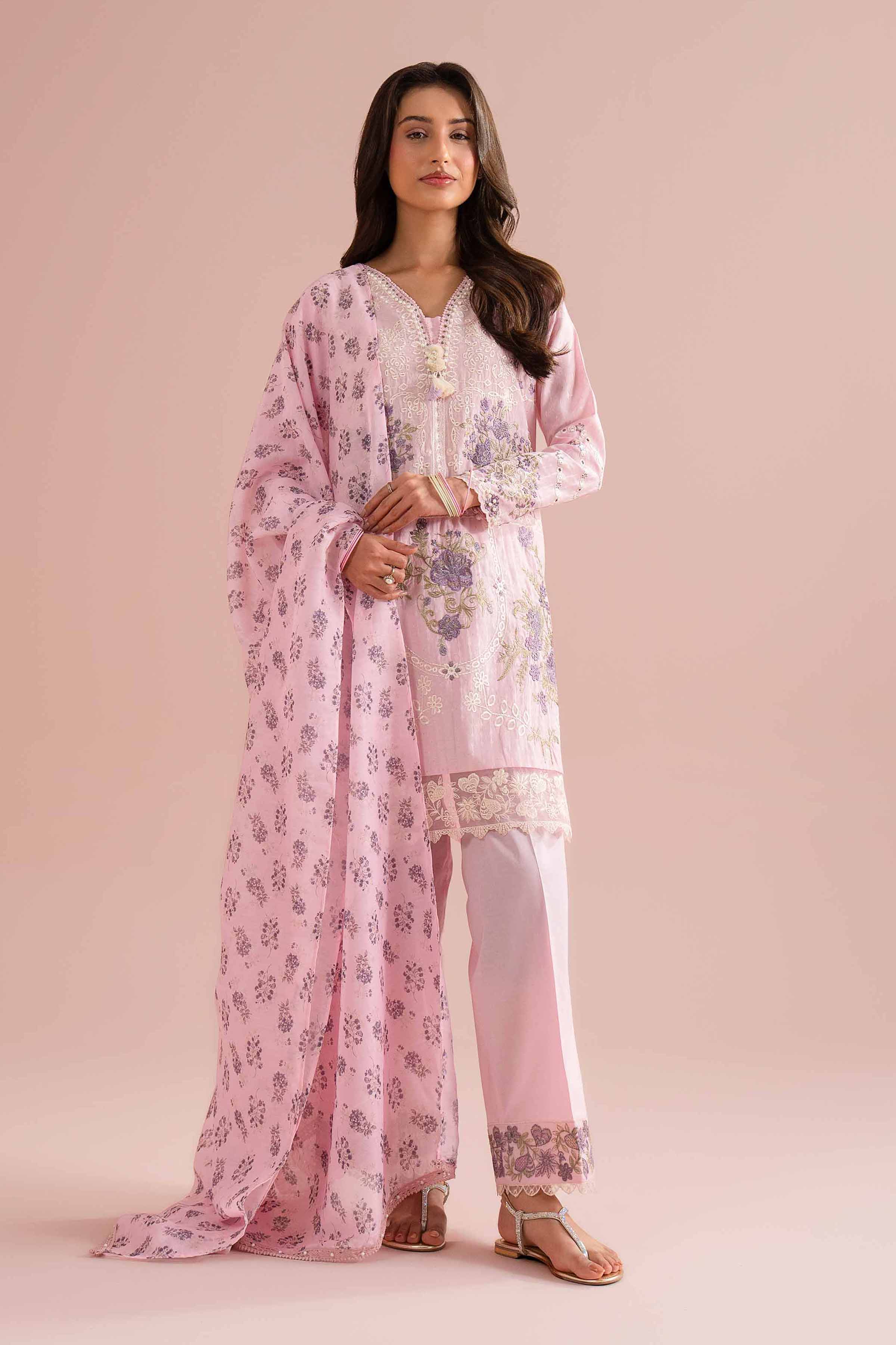3 Piece - Printed Embroidered Suit - PE26-116 Pink Lurex Dyed Embroidered Straight shirt
