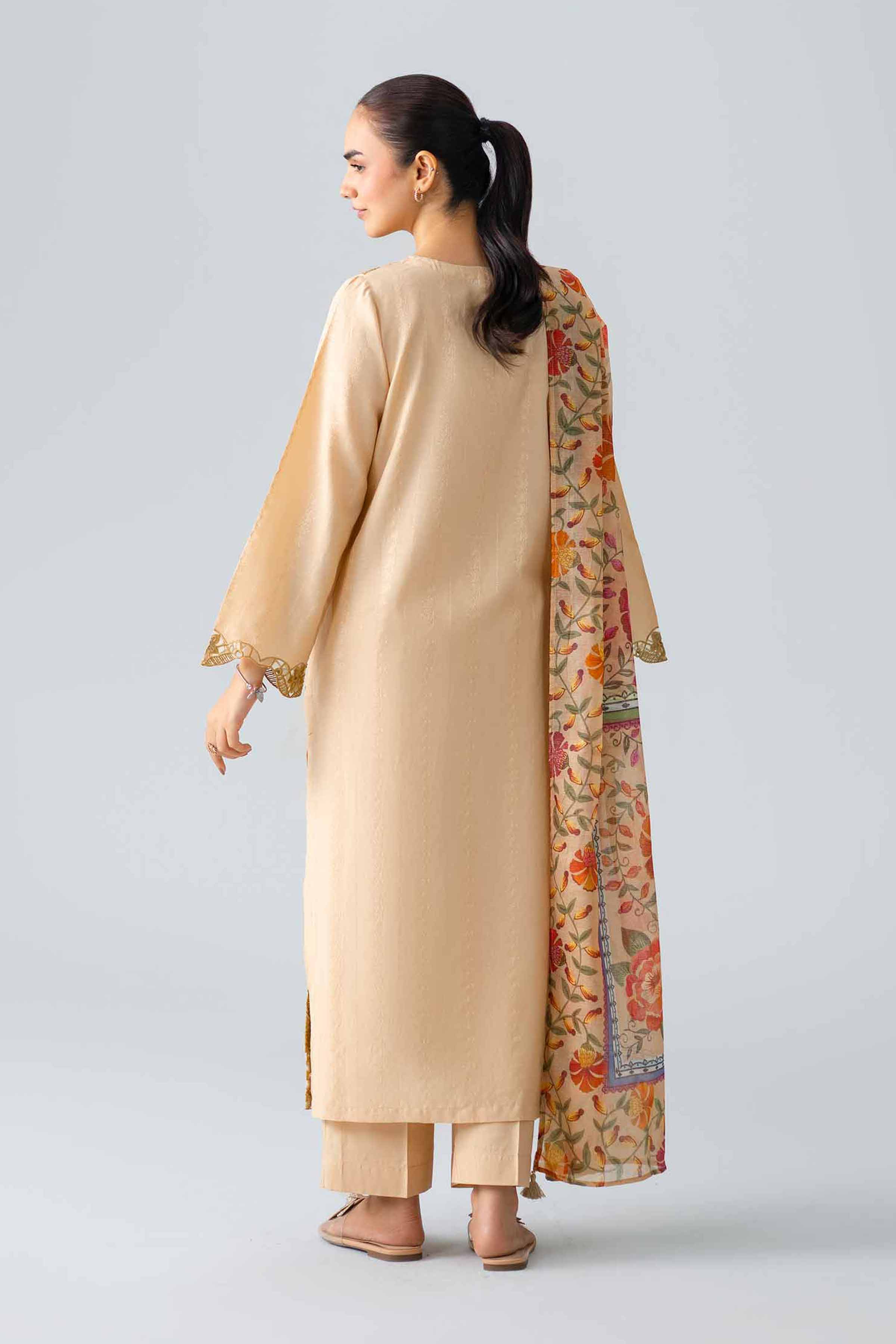 3 Piece - Embroidered Suit - PE26-118 Beige Jacquard 3PC Embroidered READY TO WEAR