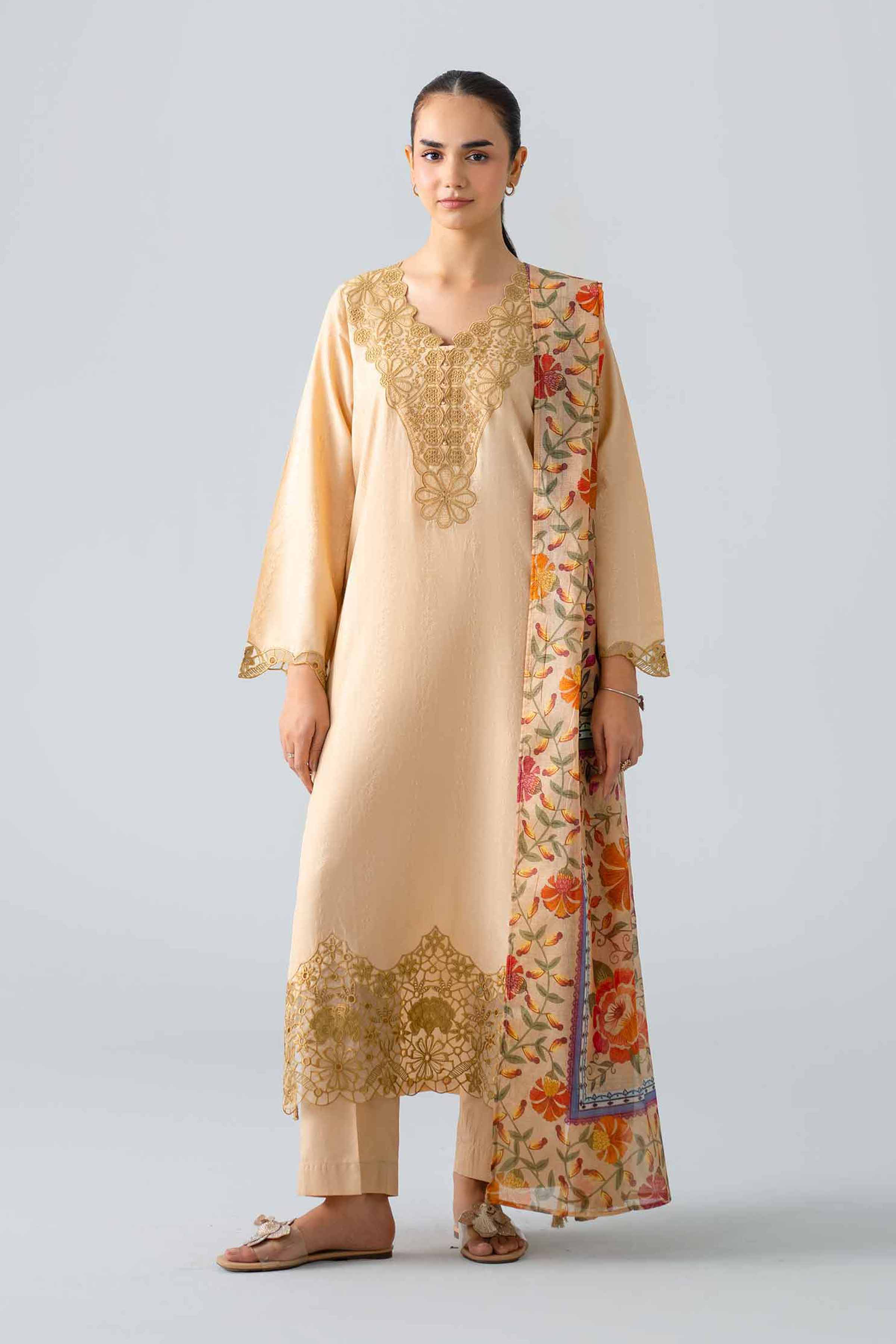 3 Piece - Embroidered Suit - PE26-118 Beige Jacquard 3PC Embroidered READY TO WEAR