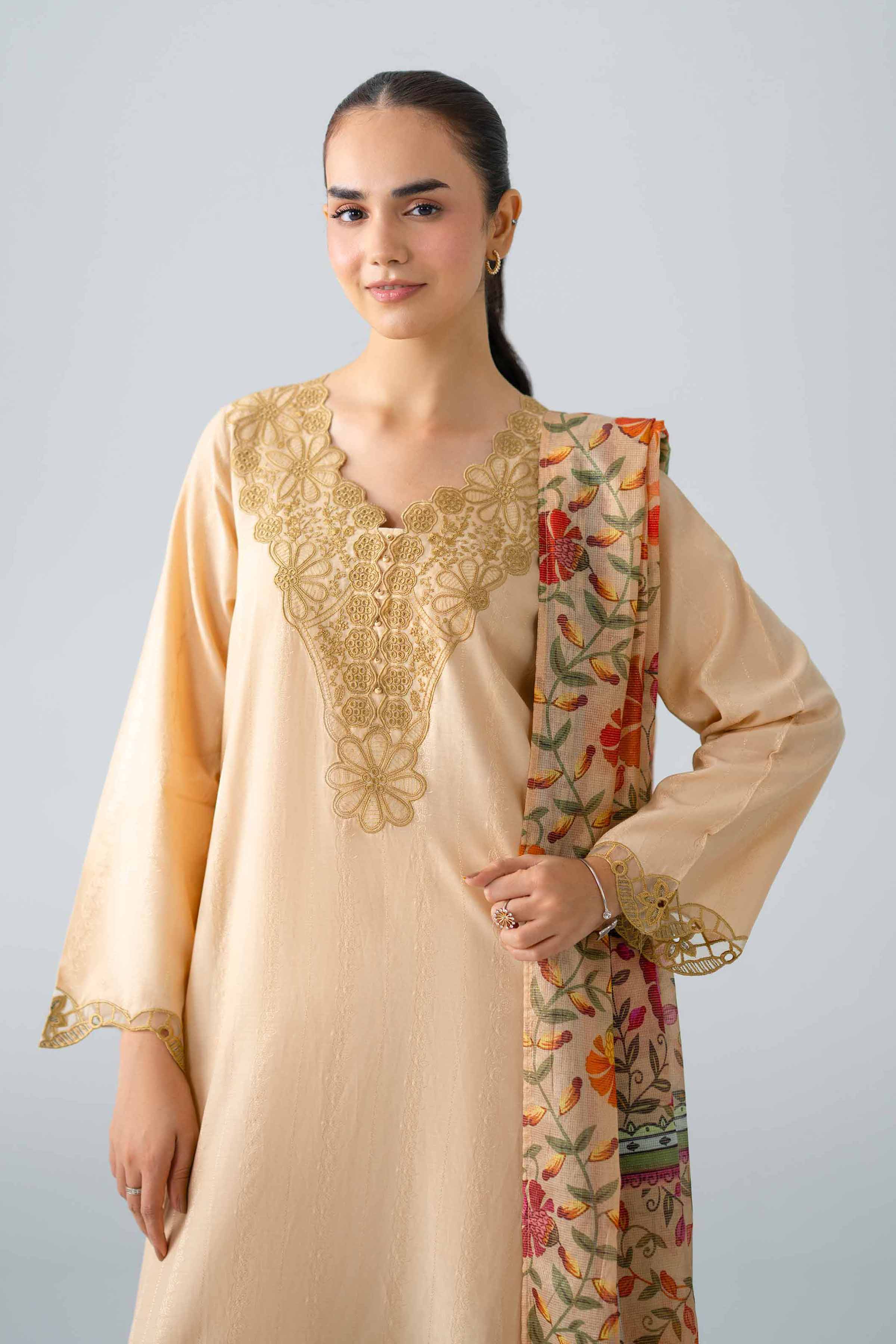 3 Piece - Embroidered Suit - PE26-118 Beige Jacquard 3PC Embroidered READY TO WEAR