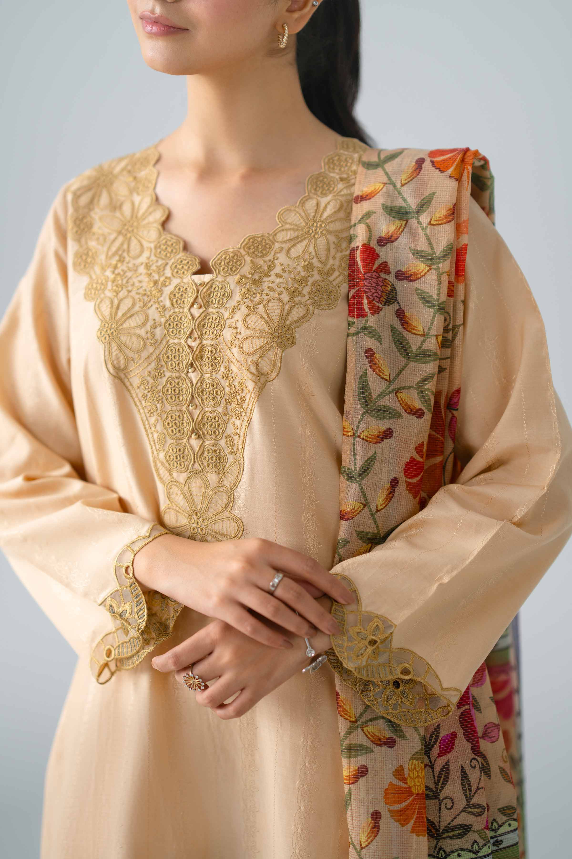 3 Piece - Embroidered Suit - PE26-118 Beige Jacquard 3PC Embroidered READY TO WEAR