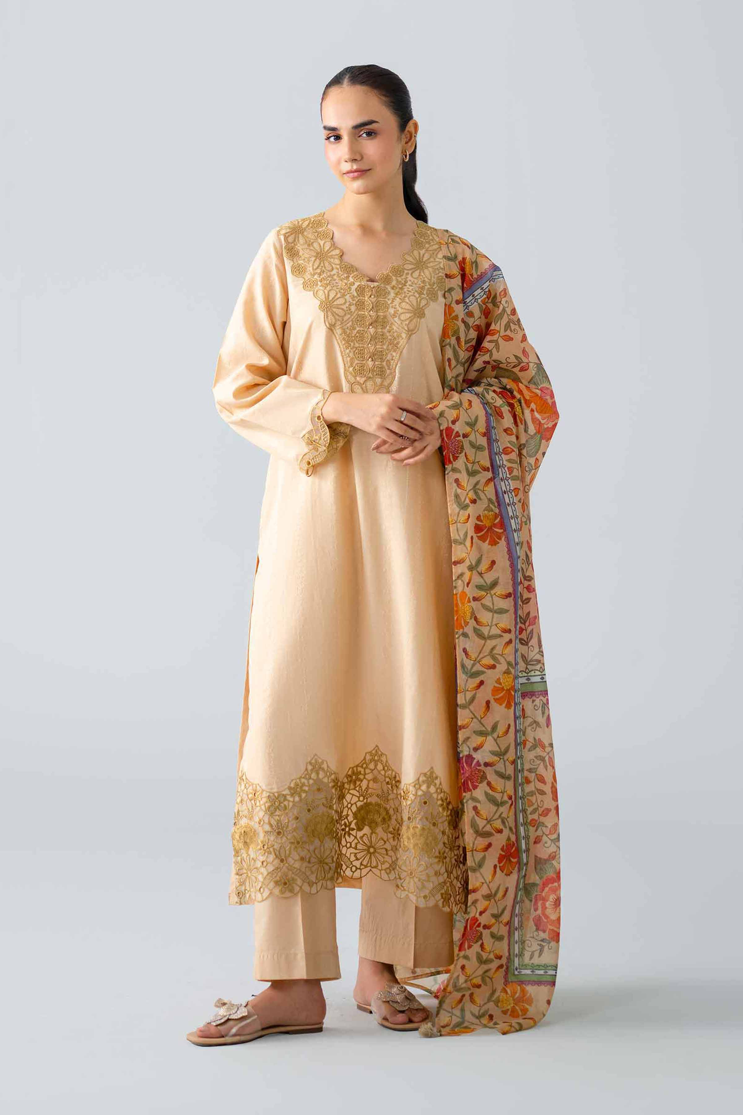 3 Piece - Embroidered Suit - PE26-118 Beige Jacquard 3PC Embroidered READY TO WEAR