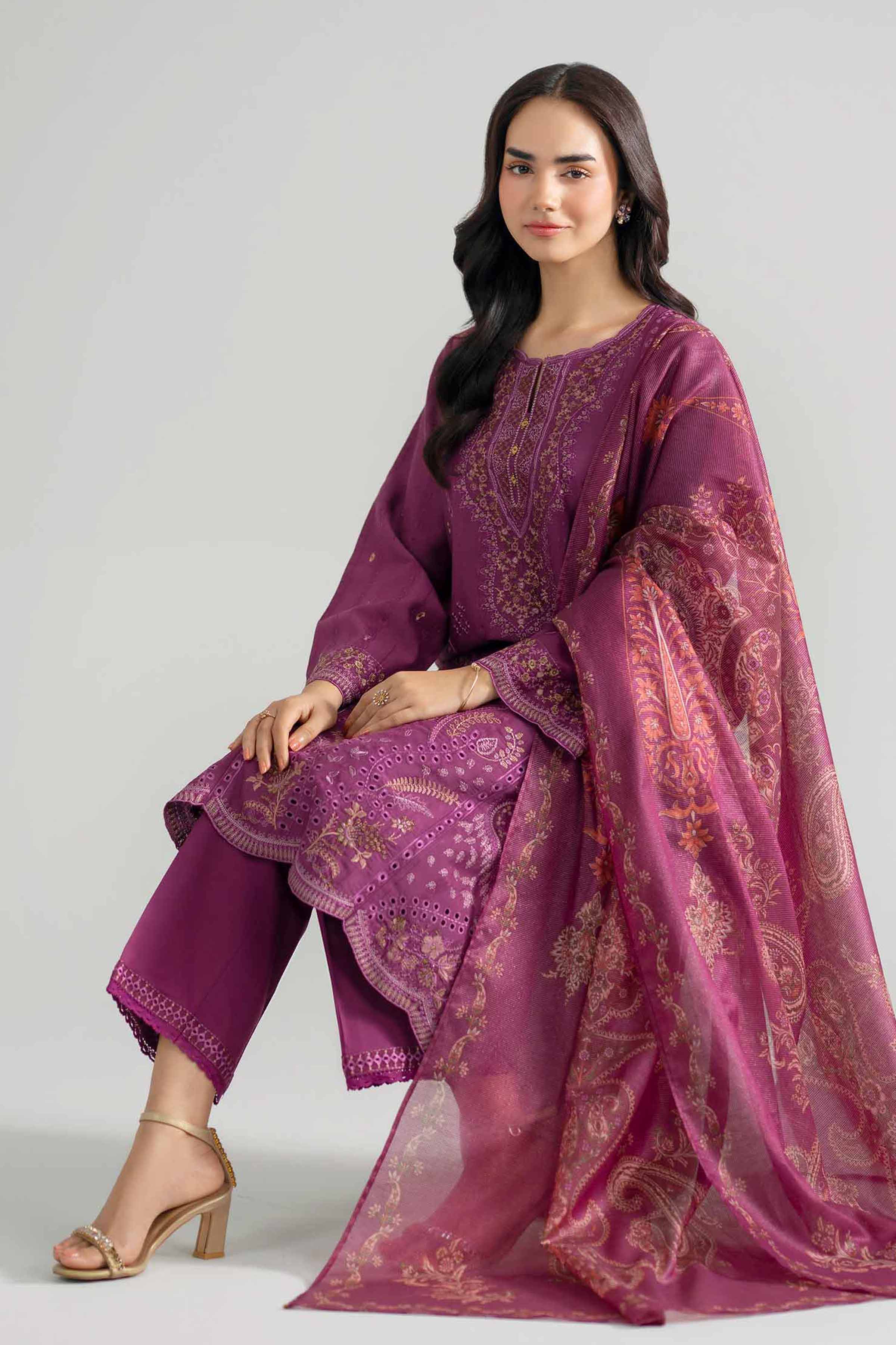 3 Piece - Embroidered Suit - PE26-119 Purple Jacquard 3PC Embroidered READY TO WEAR