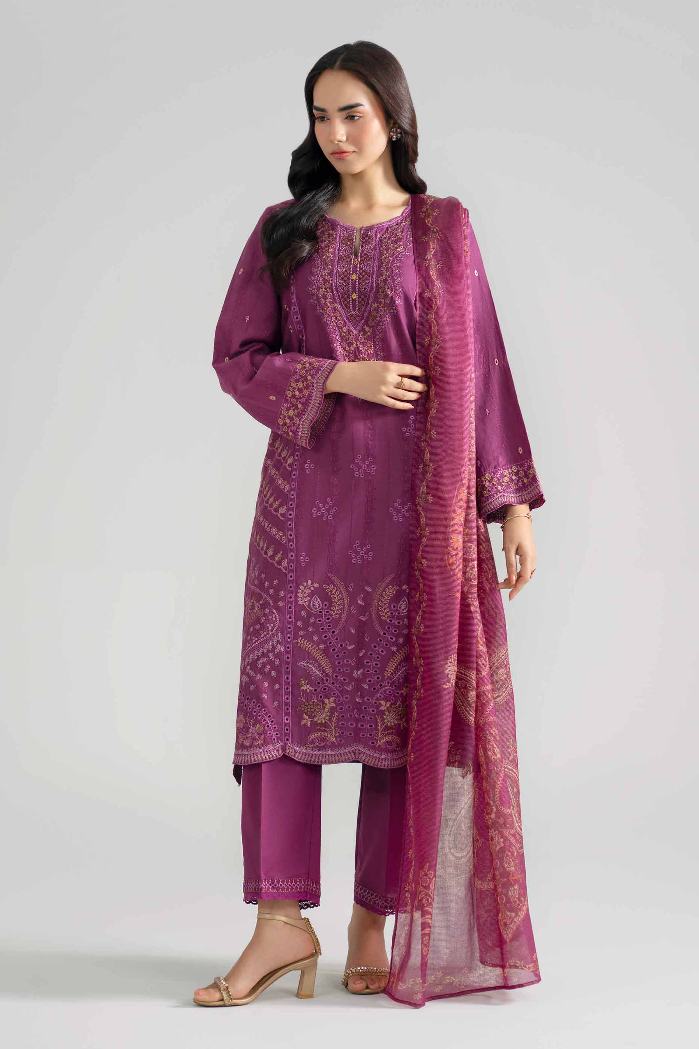 3 Piece - Embroidered Suit - PE26-119 Purple Jacquard 3PC Embroidered READY TO WEAR
