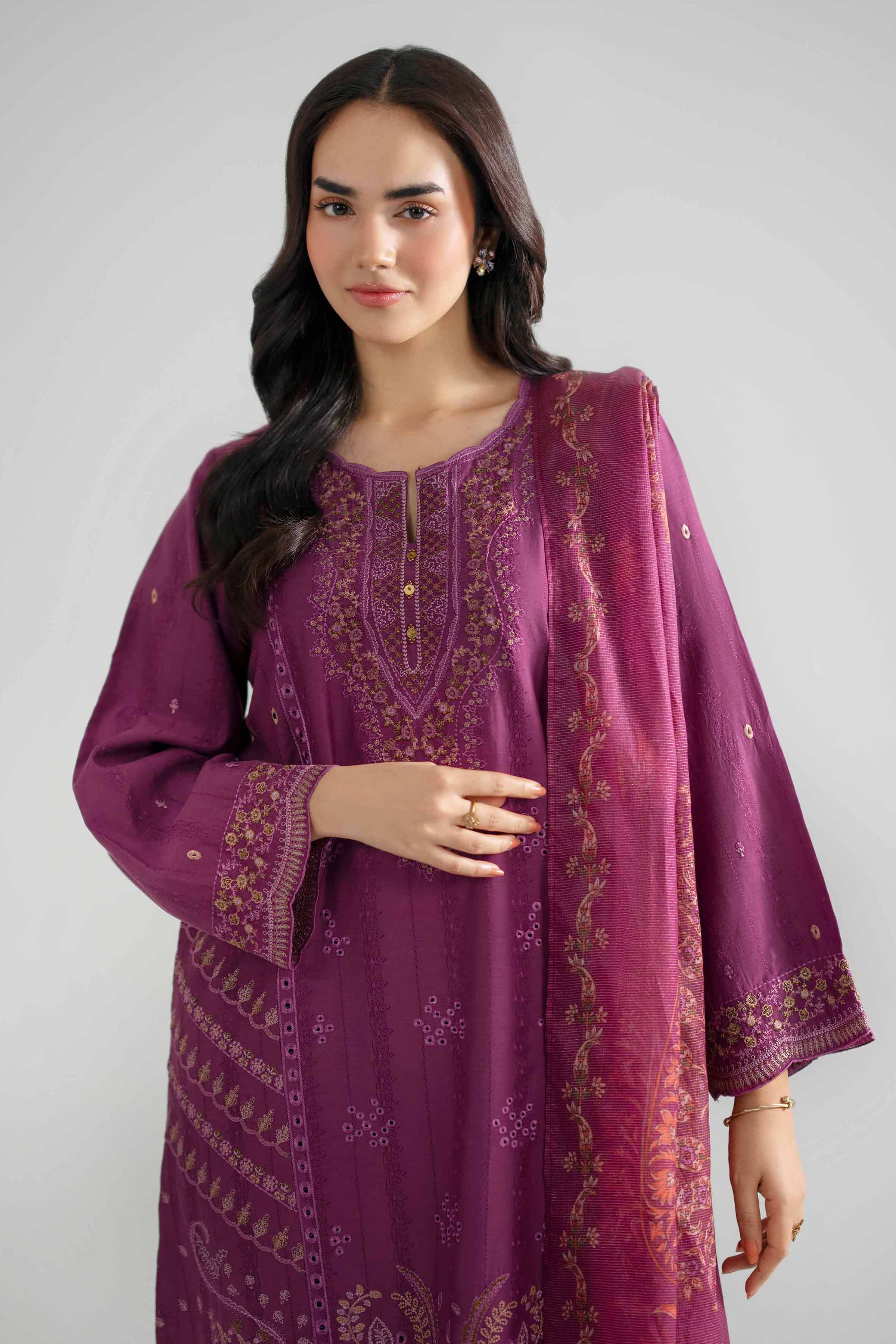 3 Piece - Embroidered Suit - PE26-119 Purple Jacquard 3PC Embroidered READY TO WEAR