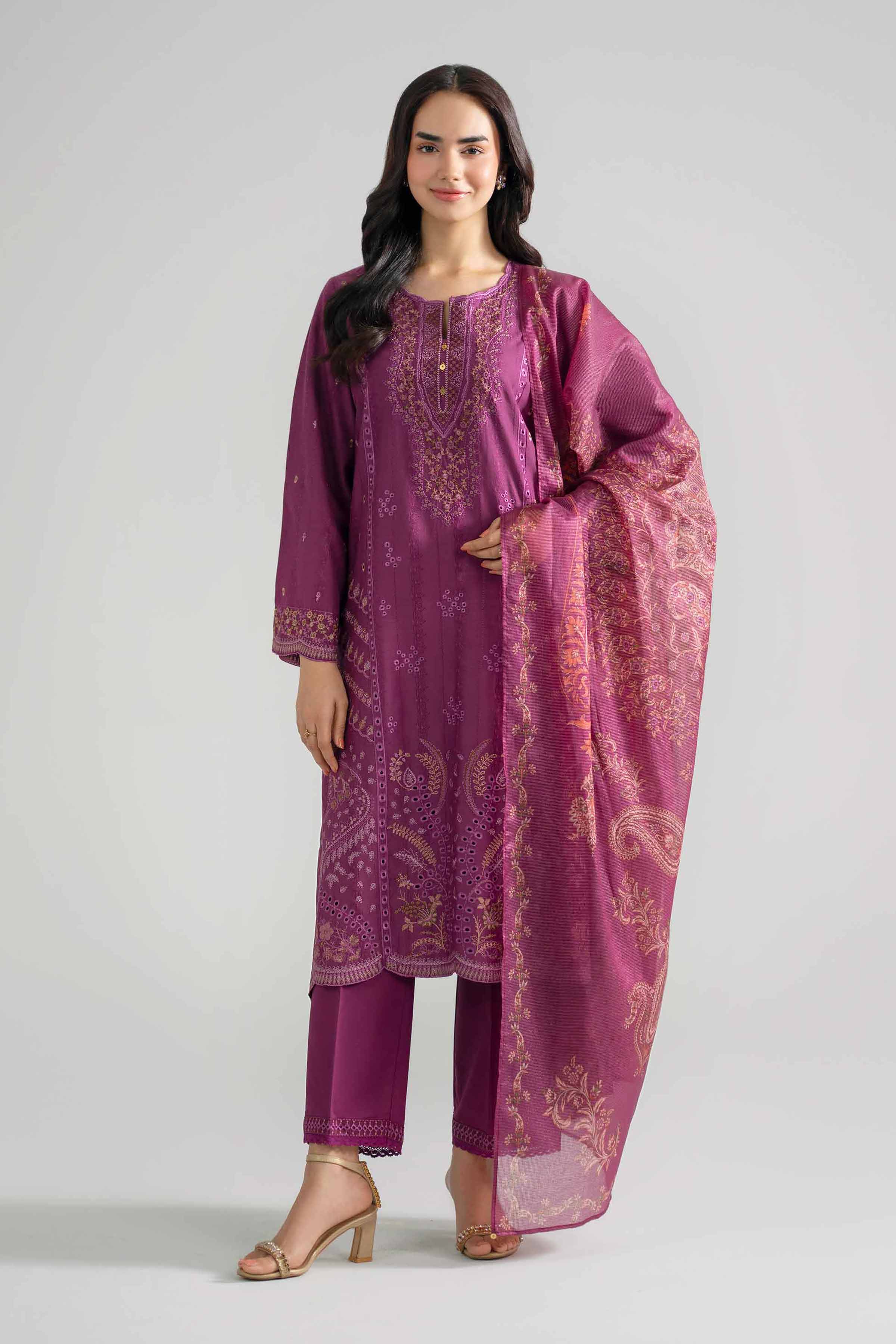 3 Piece - Embroidered Suit - PE26-119 Purple Jacquard 3PC Embroidered READY TO WEAR