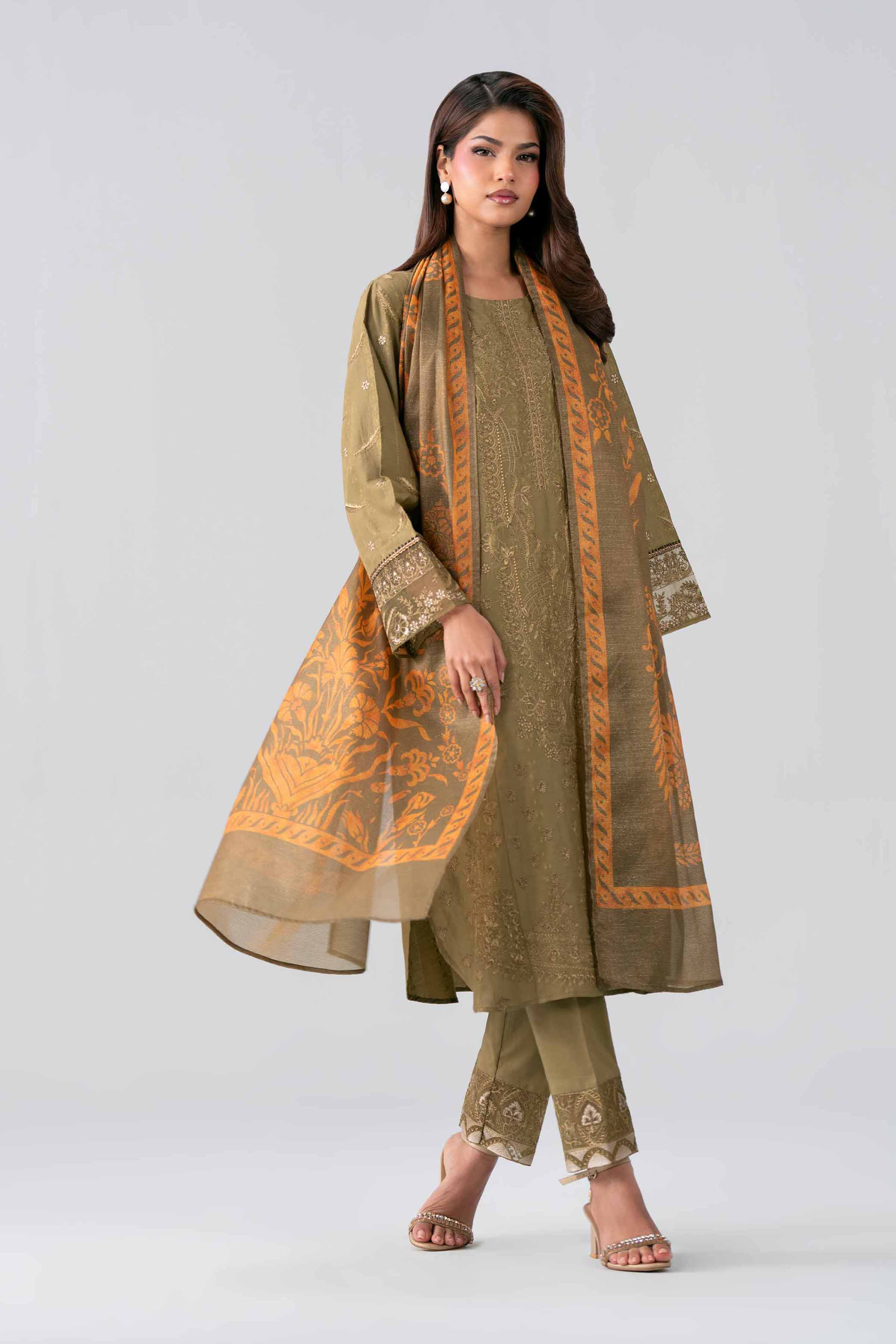 3 Piece - Embroidered Suit - PE26-120 Green Jacquard Embroidered A-Line shirt