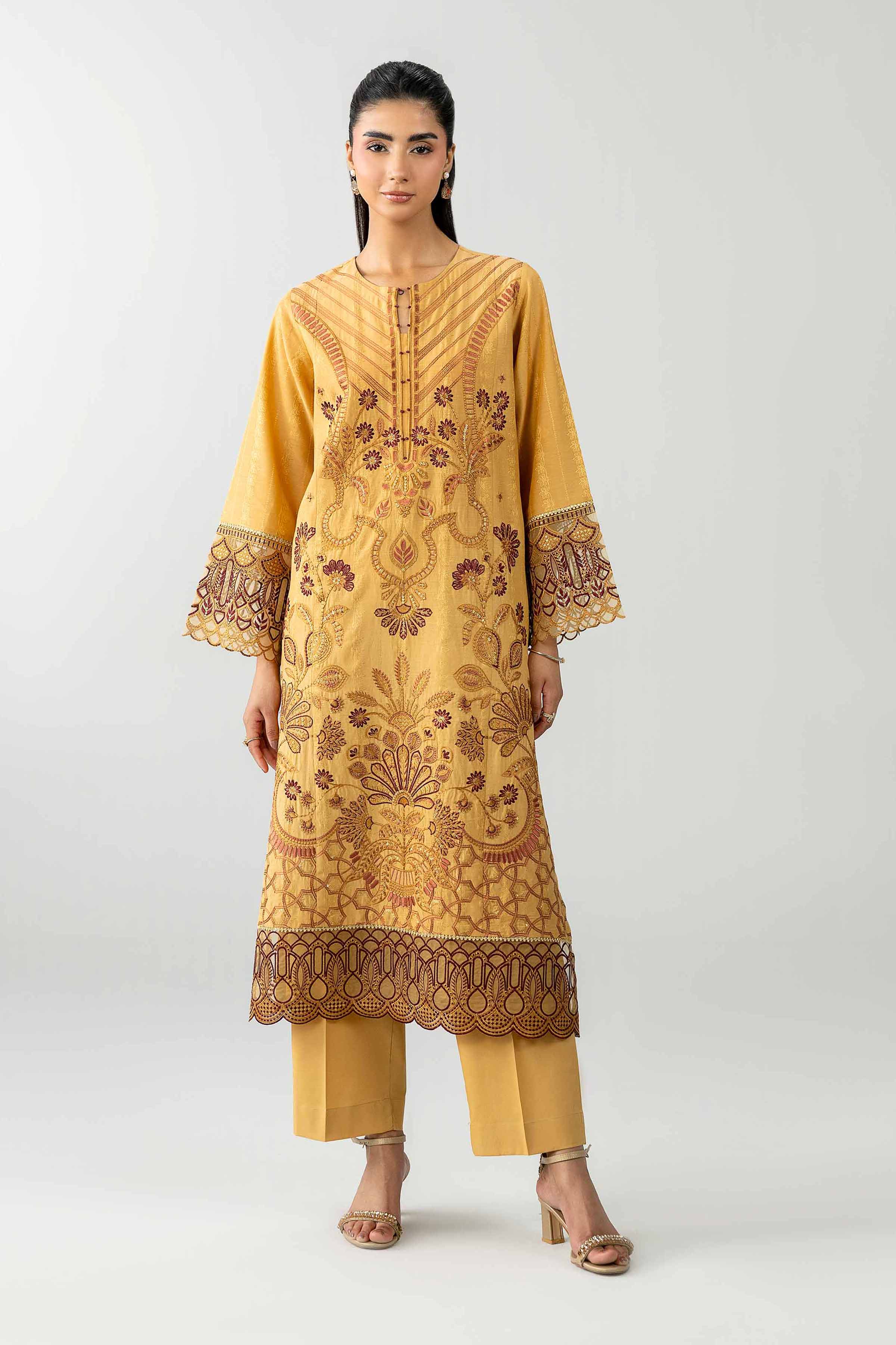 3 Piece - Embroidered Suit - PE26-122 Beige Jacquard Embroidered A-Line shirt