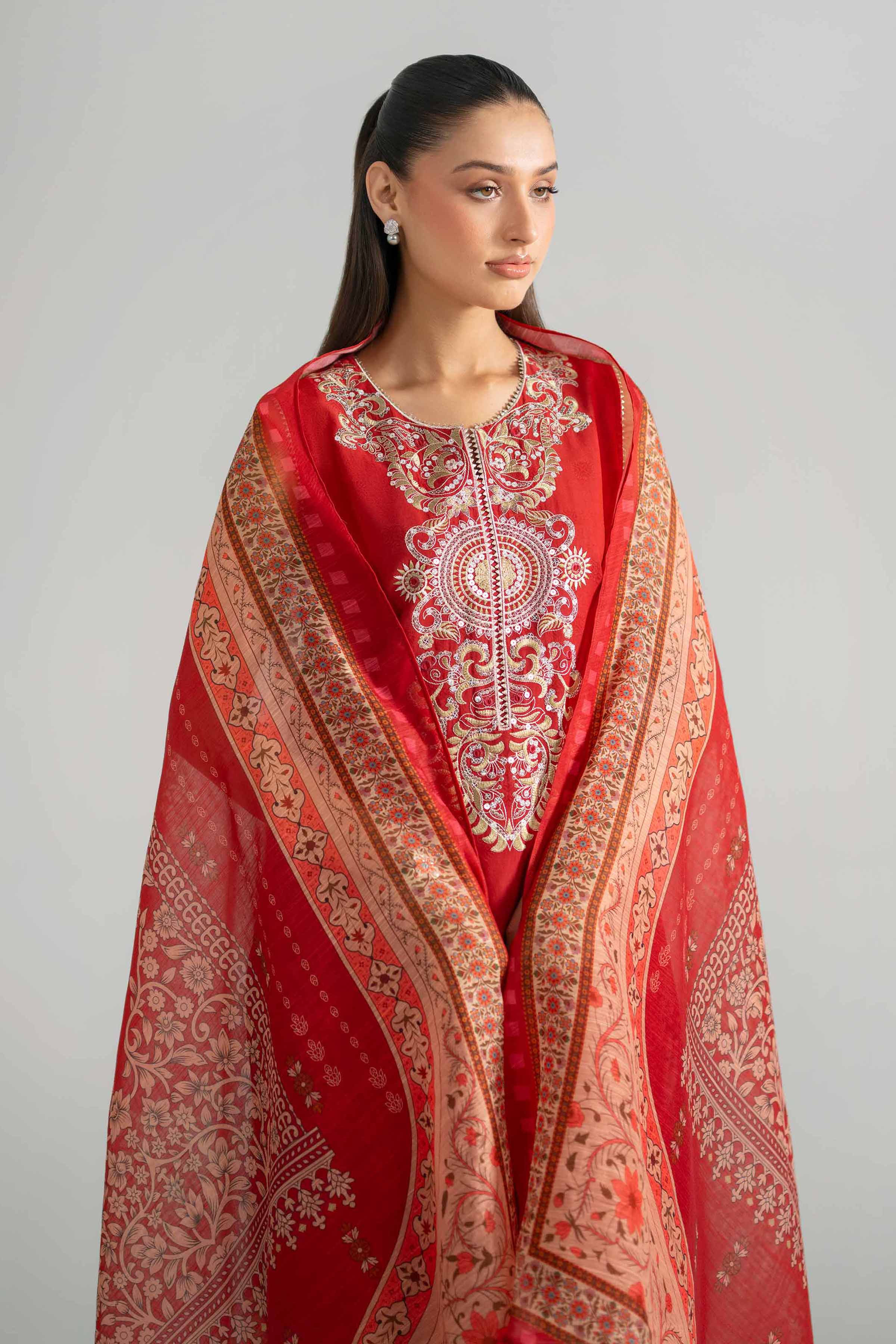 2 Piece - Embroidered Suit - PE26-128 Red Jacquard 2PC Embroidered READY TO WEAR