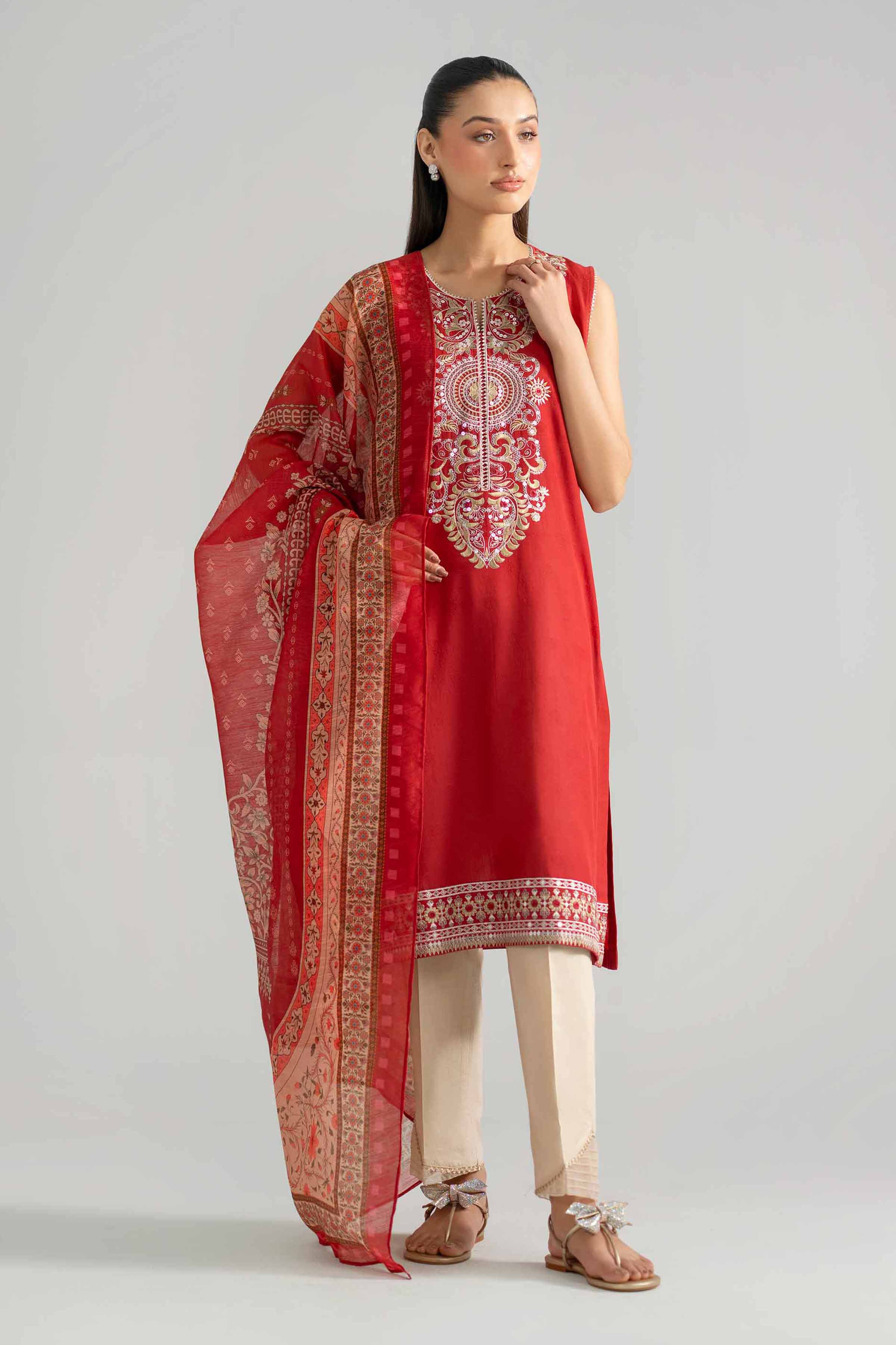 2 Piece - Embroidered Suit - PE26-128 Red Jacquard 2PC Embroidered READY TO WEAR