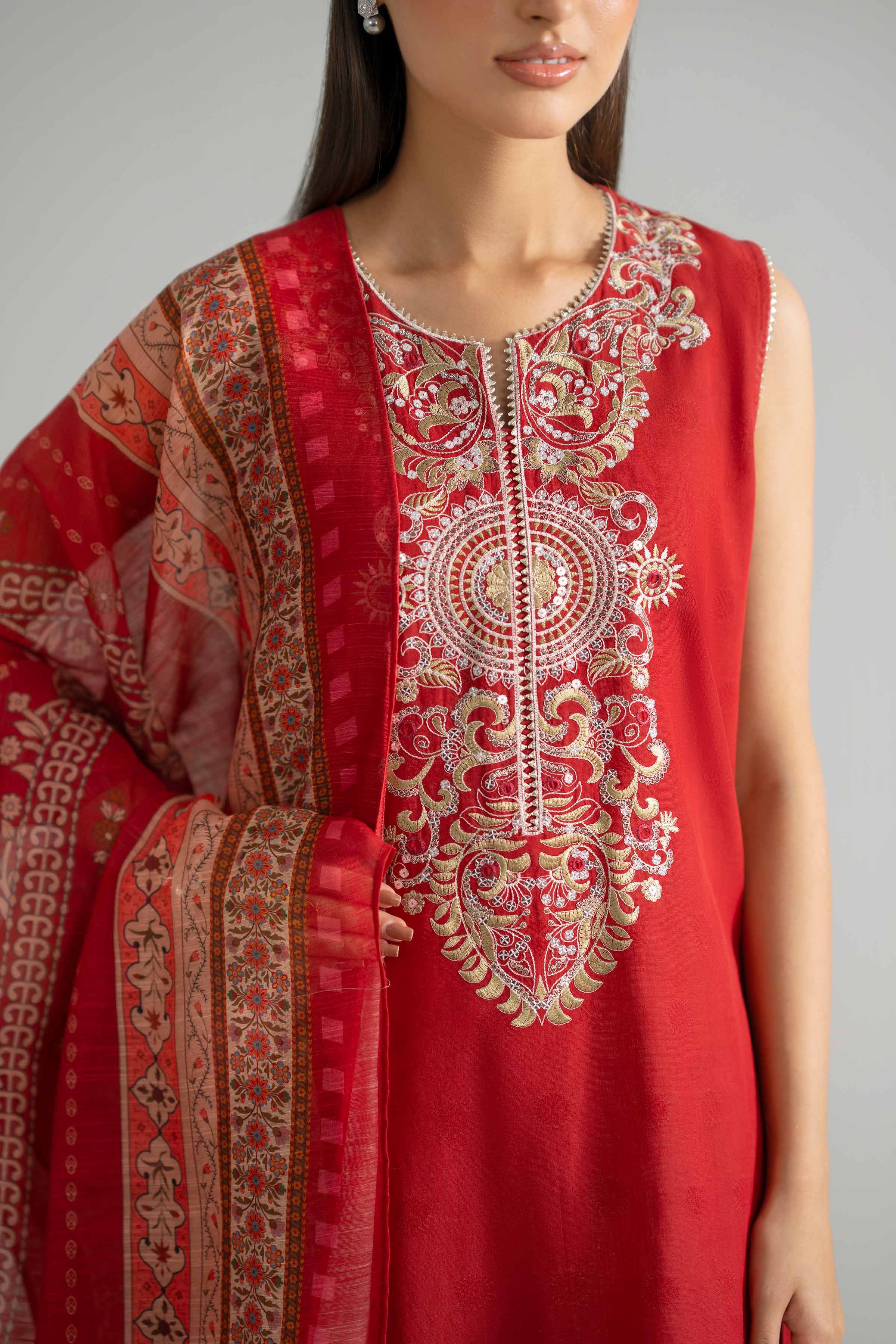 2 Piece - Embroidered Suit - PE26-128 Red Jacquard 2PC Embroidered READY TO WEAR