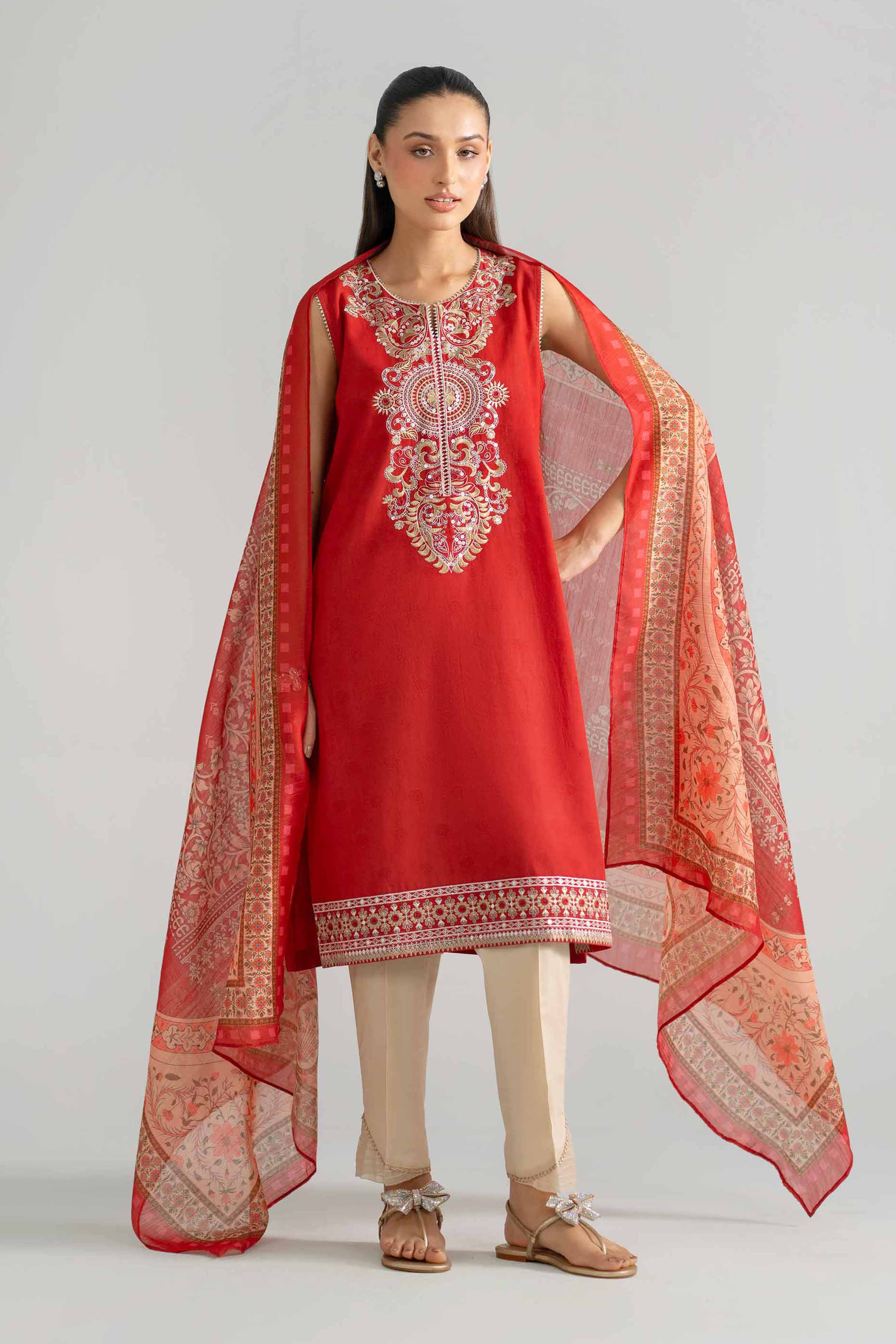 2 Piece - Embroidered Suit - PE26-128 Red Jacquard 2PC Embroidered READY TO WEAR