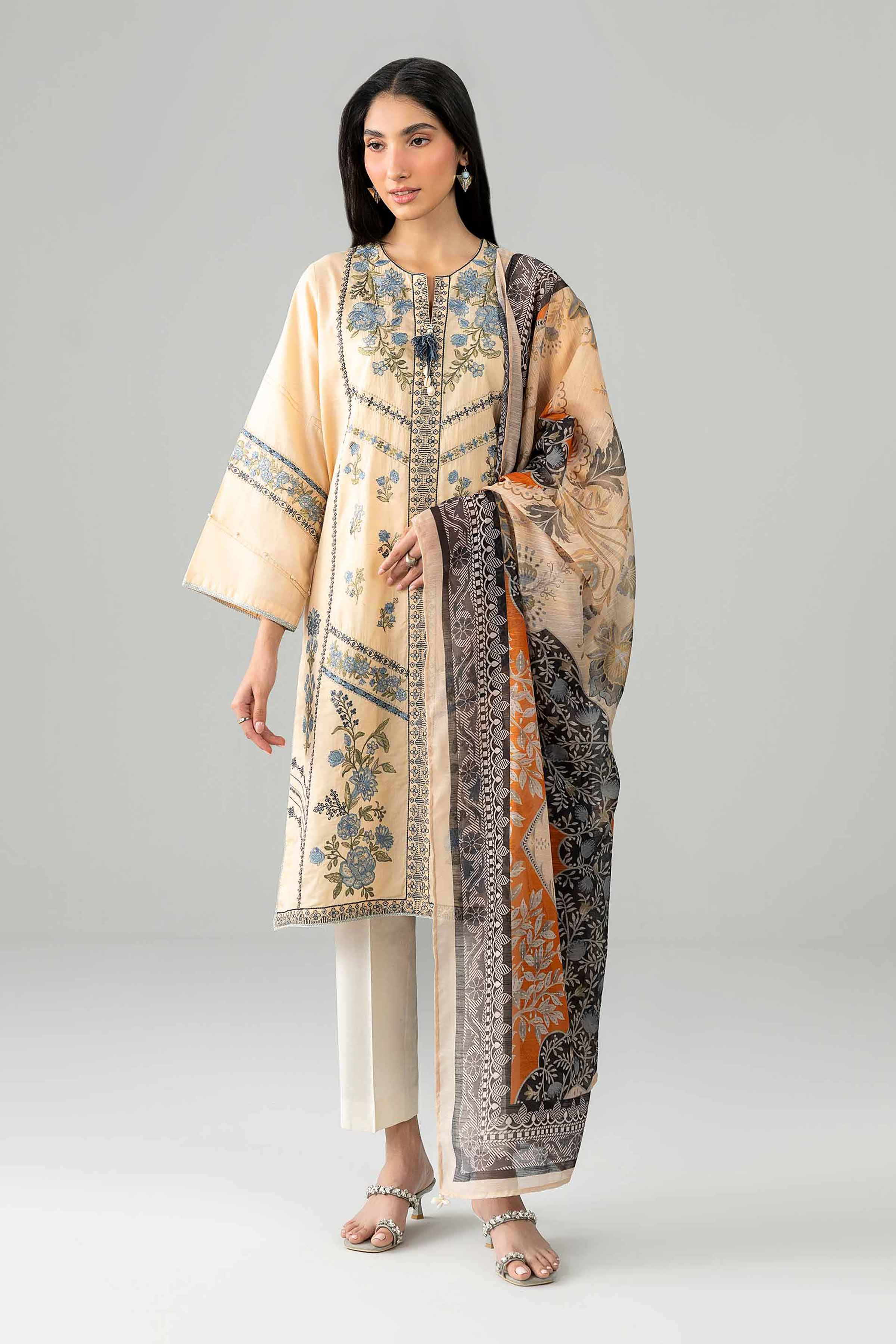 2 Piece - Embroidered Suit - PE26-129 Beige Jacquard Embroidered Straight shirt