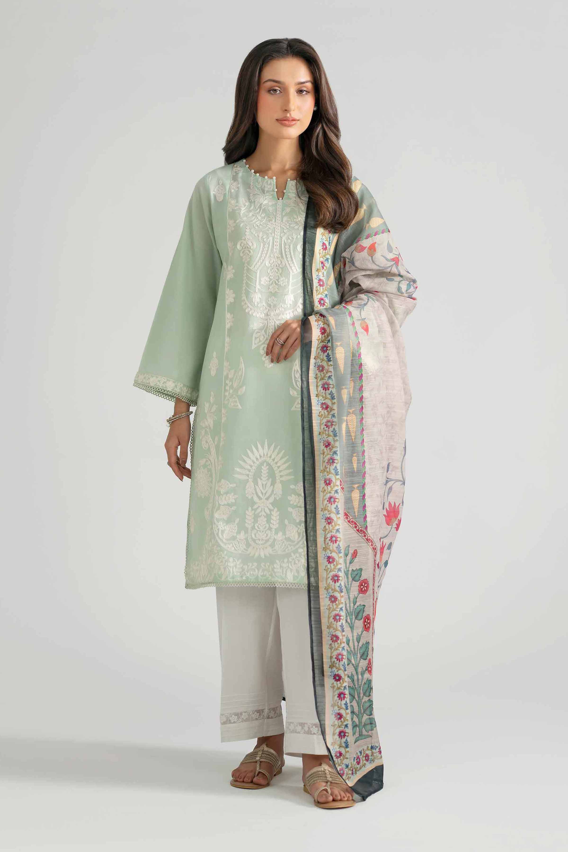 2 Piece - Embroidered Suit - PE26-131 Green Jacquard 2PC Embroidered READY TO WEAR