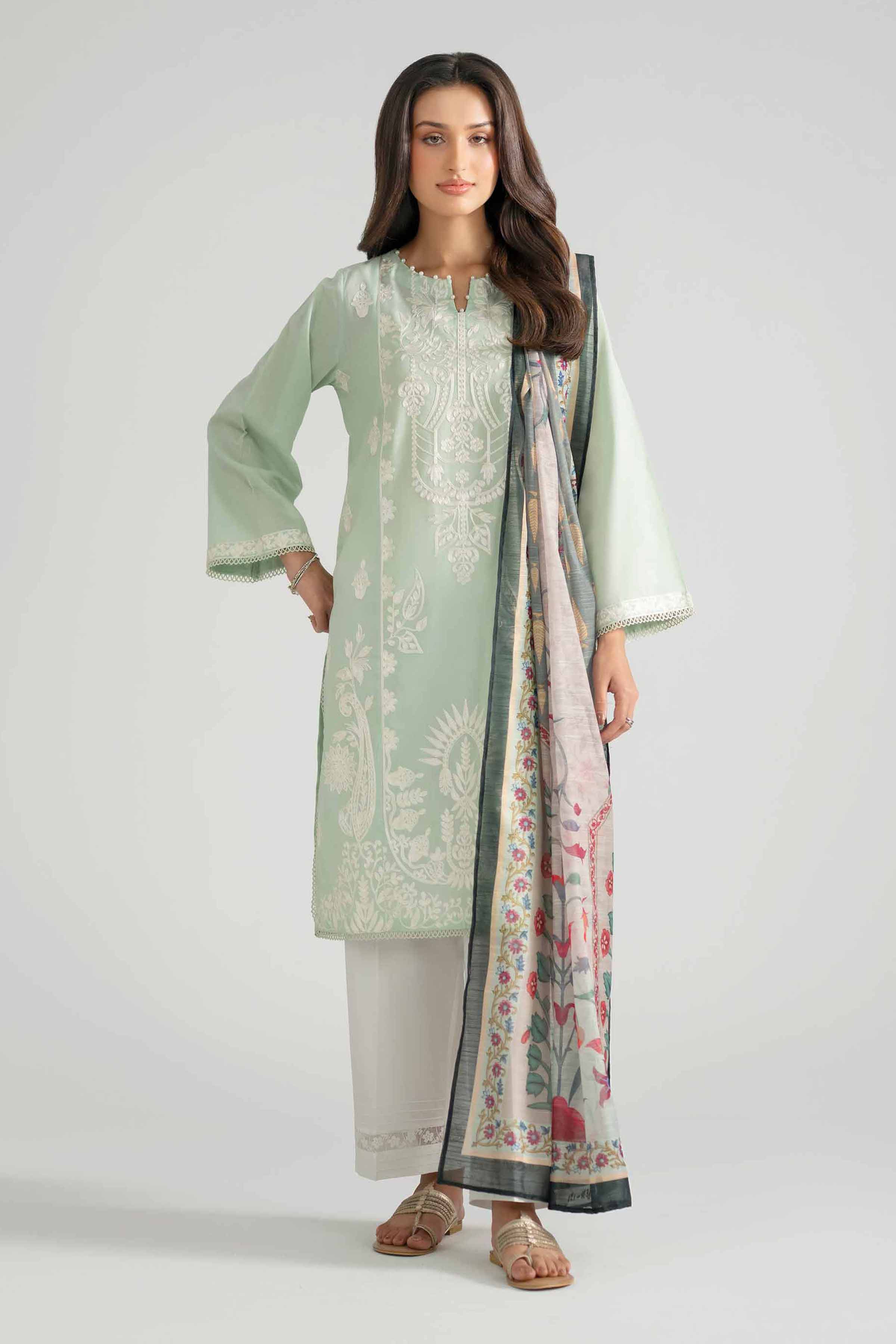 2 Piece - Embroidered Suit - PE26-131 Green Jacquard 2PC Embroidered READY TO WEAR