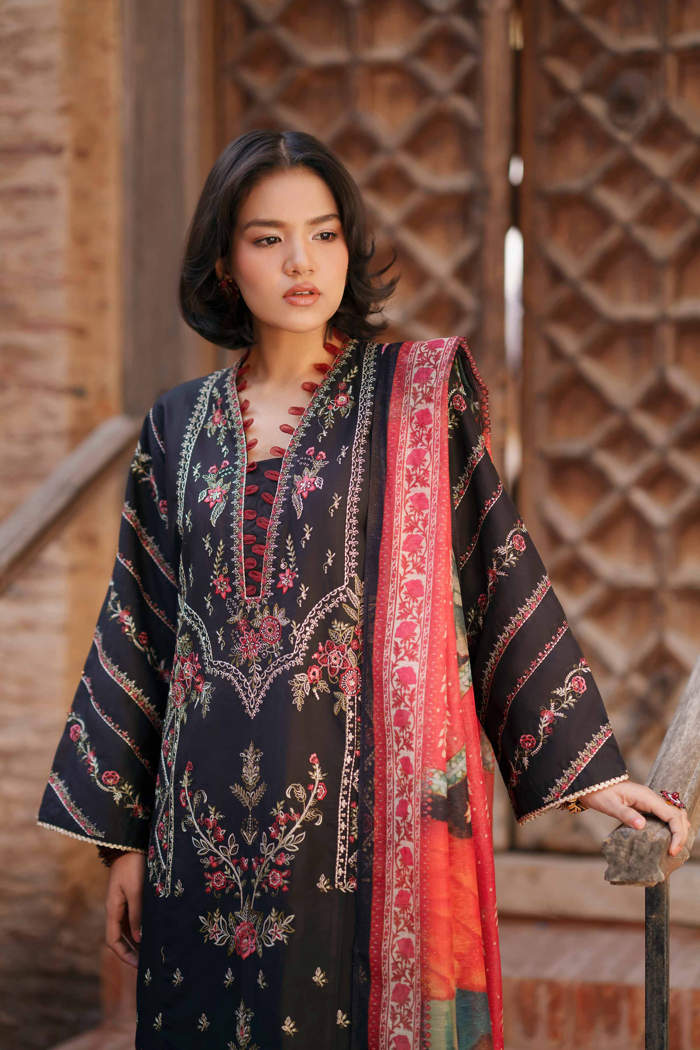 2 Piece - Embroidered Suit - PE26-144 Black Cambric 2PC Embroidered READY TO WEAR