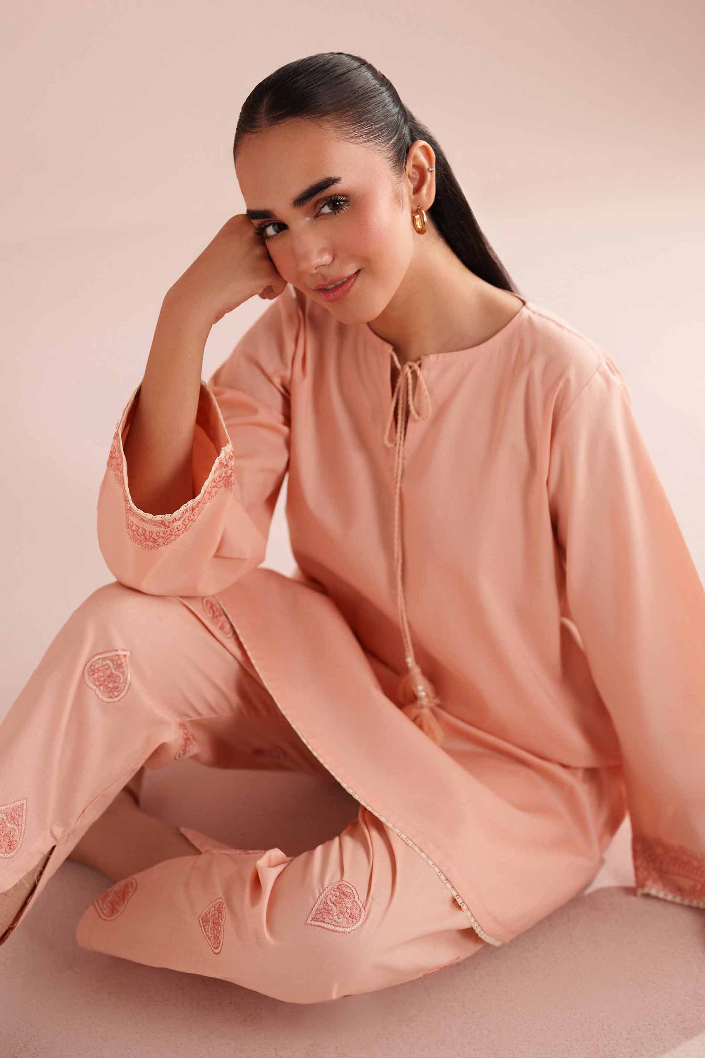 2 Piece - Embroidered Suit - PE26-150 Orange Linen 2PC Embroidered READY TO WEAR