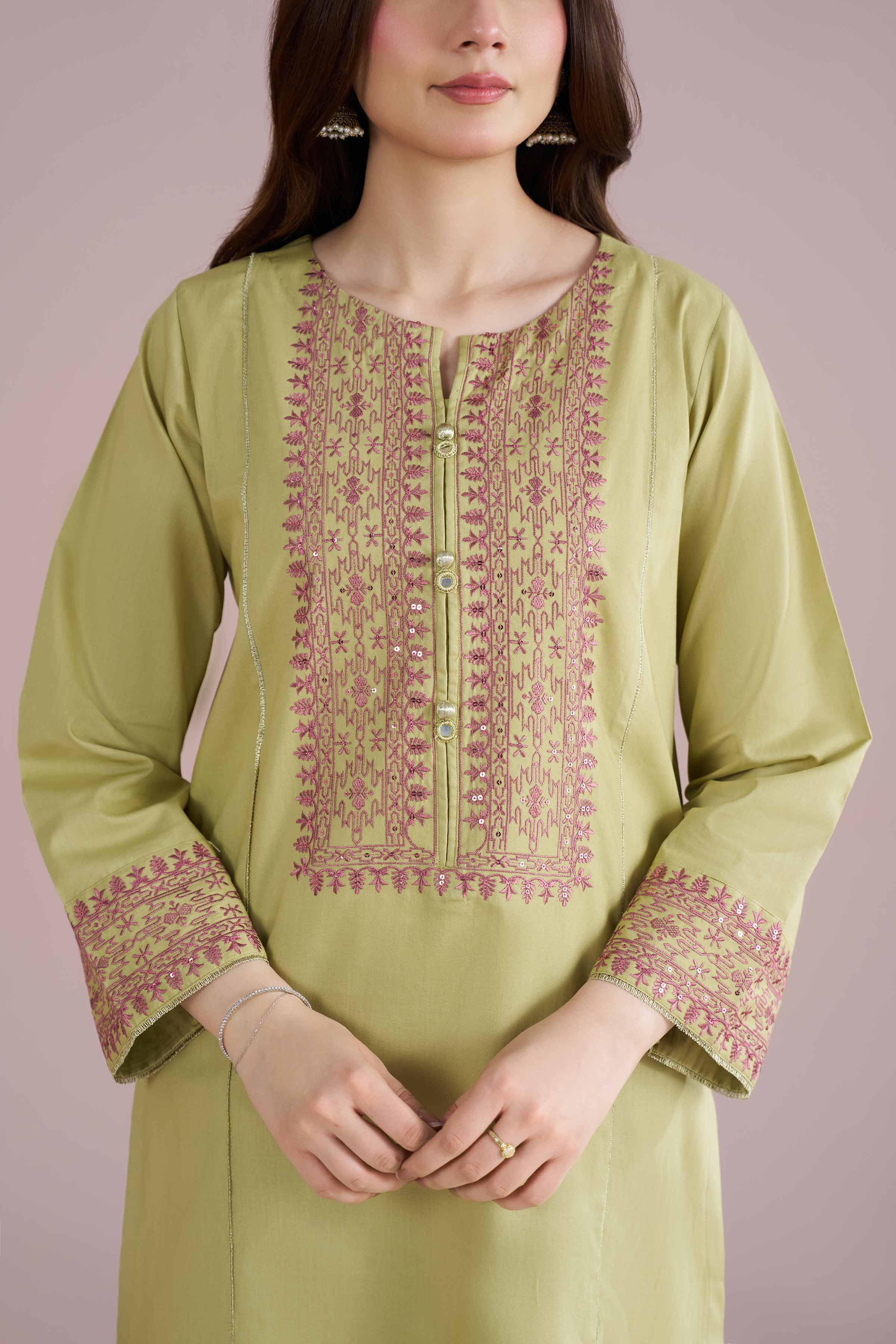 2 Piece - Embroidered Suit - PE26-151 Green Linen 2PC Embroidered READY TO WEAR
