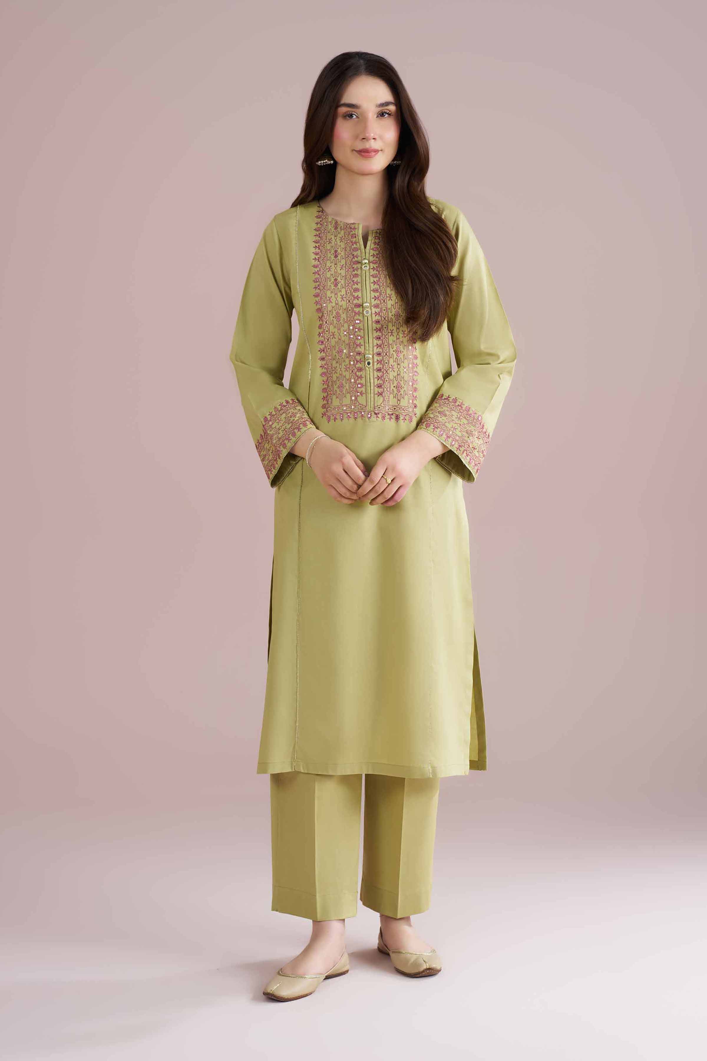 2 Piece - Embroidered Suit - PE26-151 Green Linen 2PC Embroidered READY TO WEAR