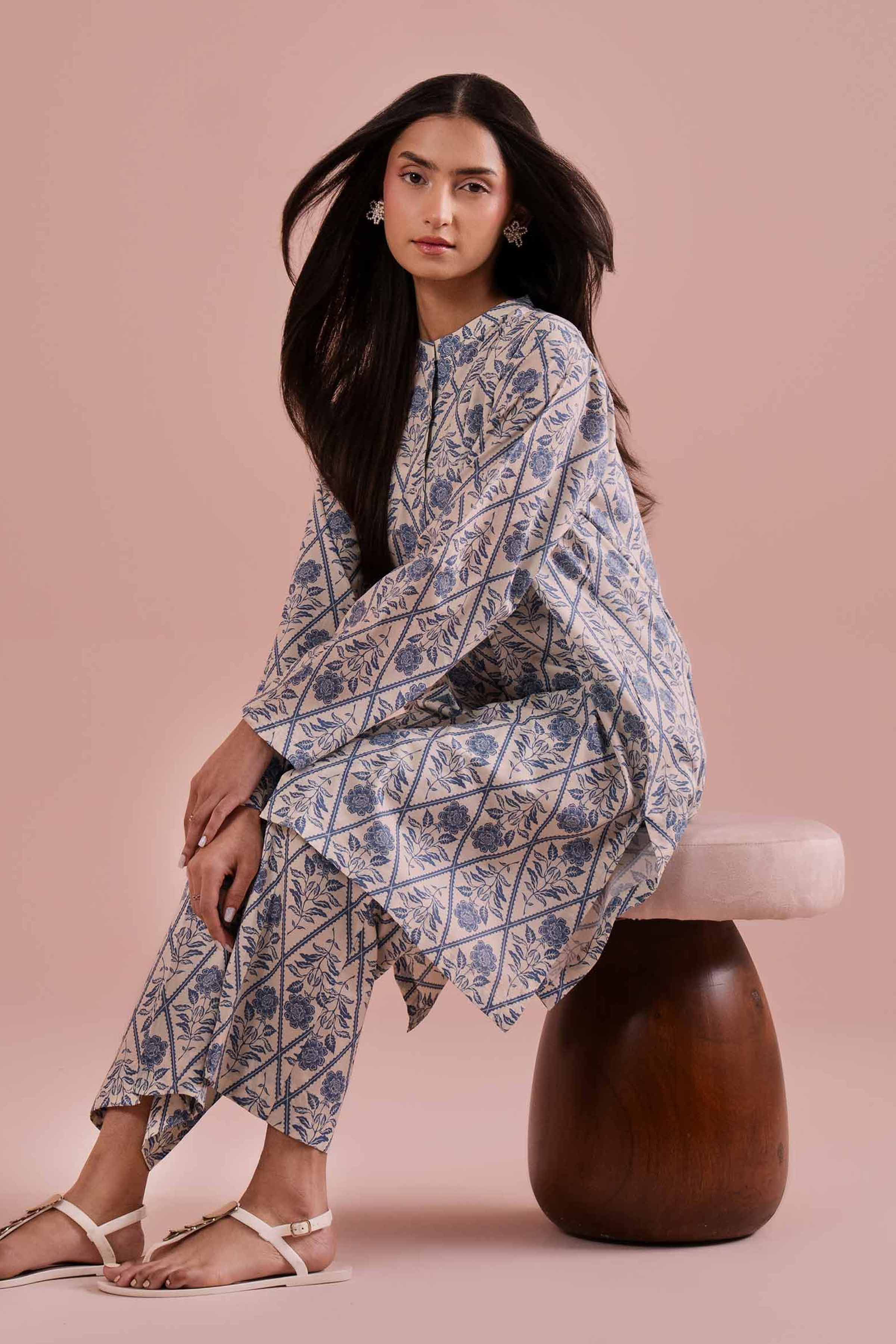 2 Piece - Printed Suit - PE26-178 White Cambric 2PC Printed READY TO WEAR