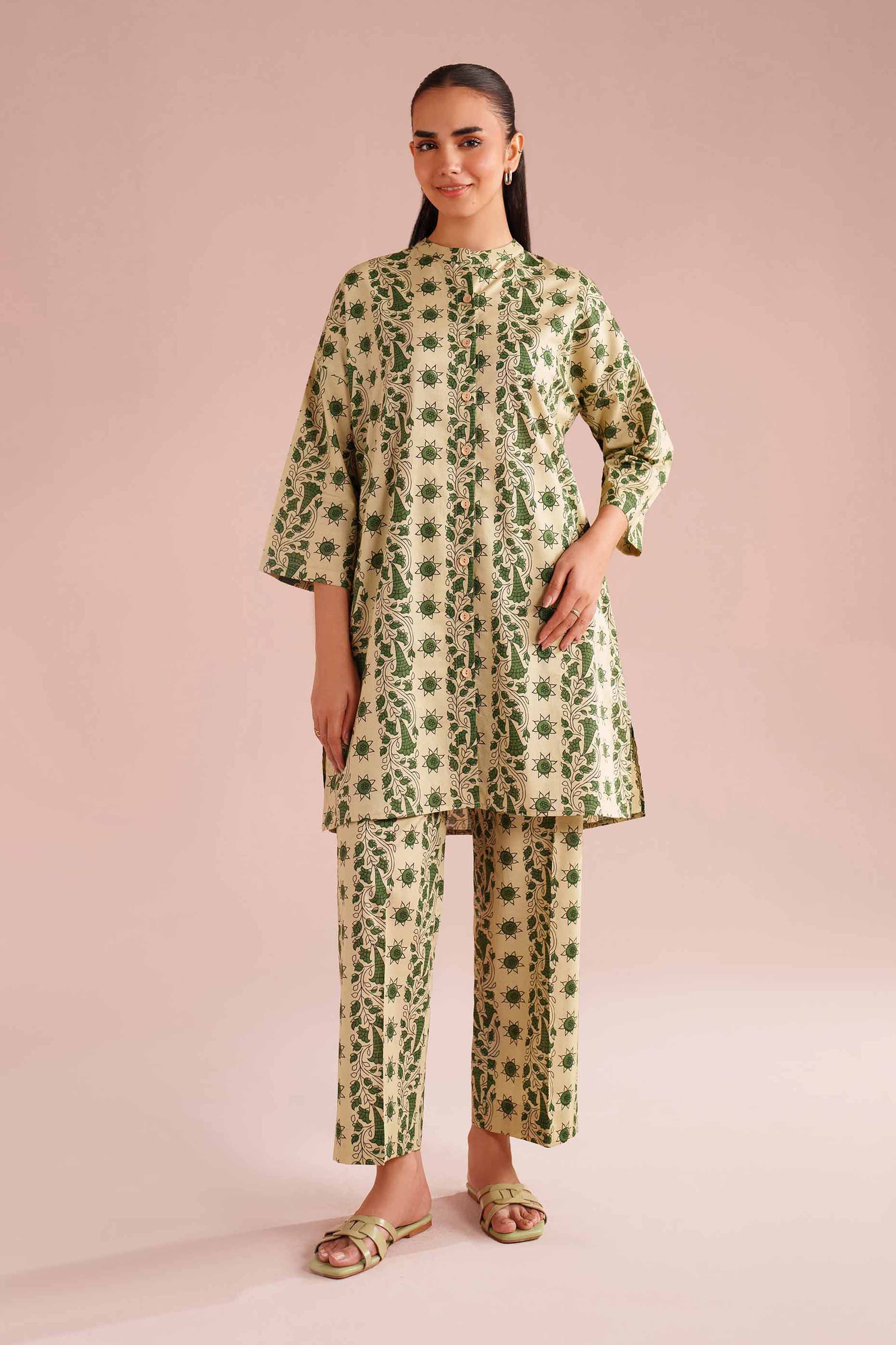2 Piece - Printed Suit - PE26-181 Beige Cambric 2PC Printed READY TO WEAR