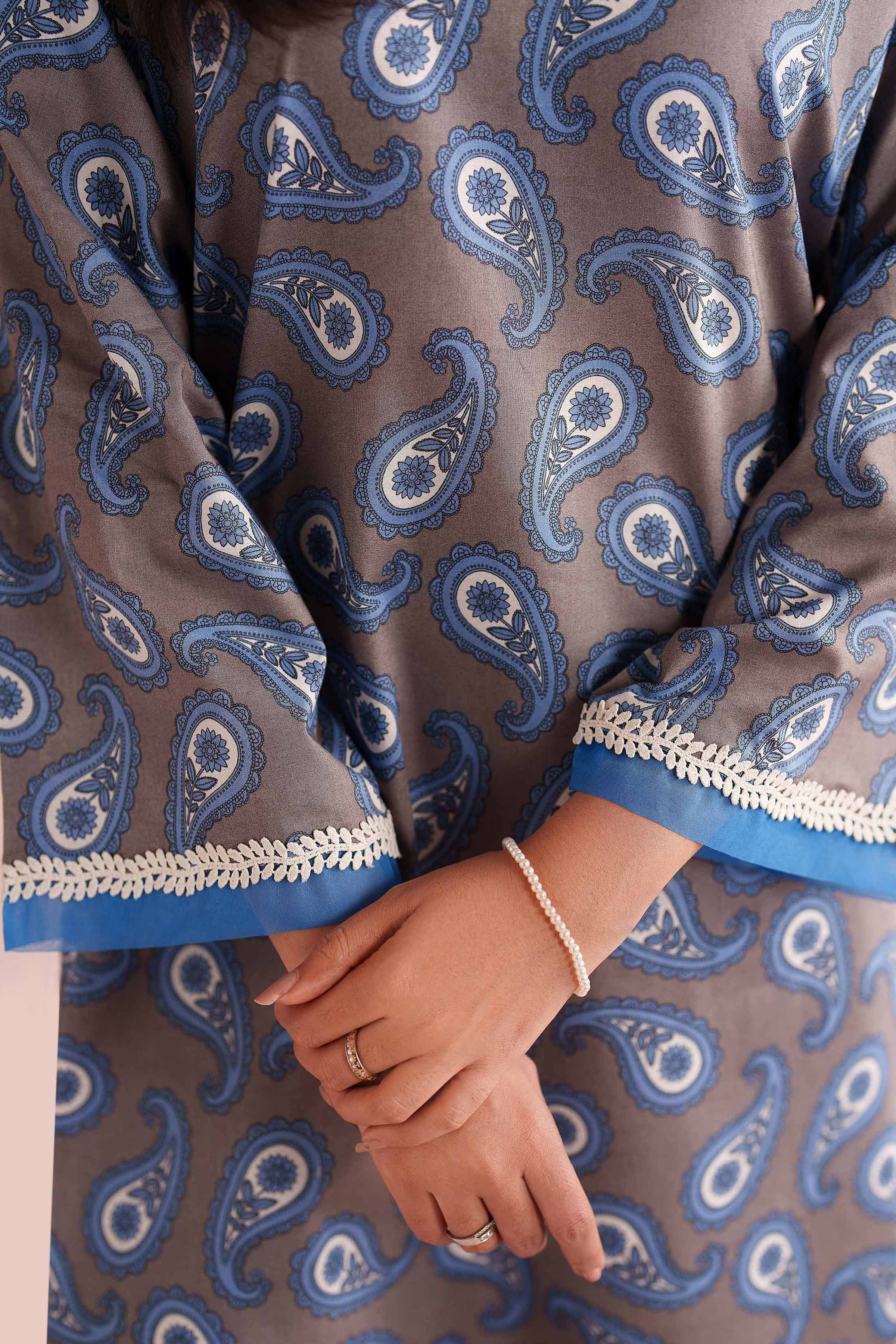 2 Piece - Printed Suit - PE26-182 Grey Cambric 2PC Printed READY TO WEAR