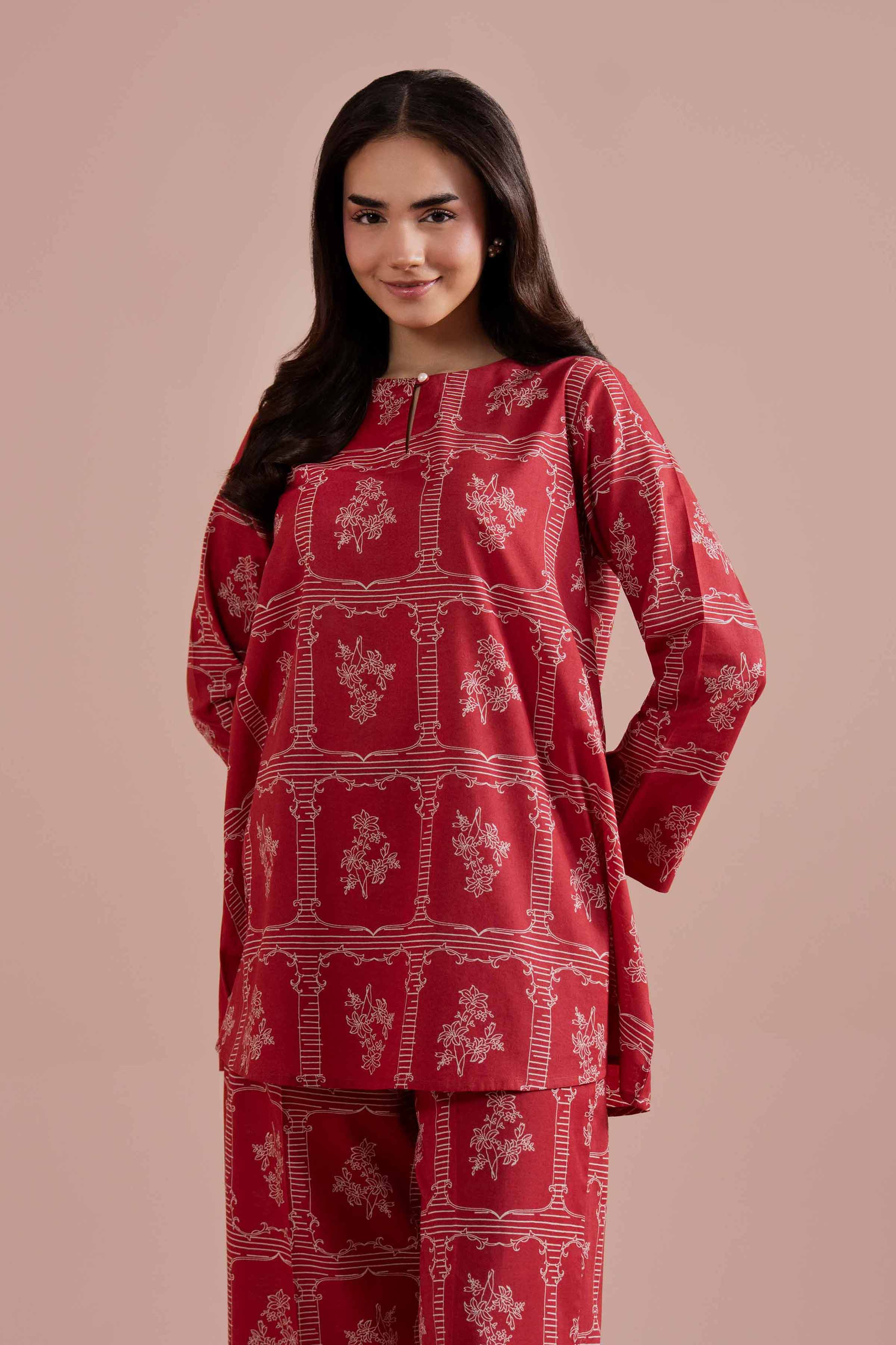 2 Piece - Printed Suit - PE26-193 Red Cambric 2PC Printed READY TO WEAR
