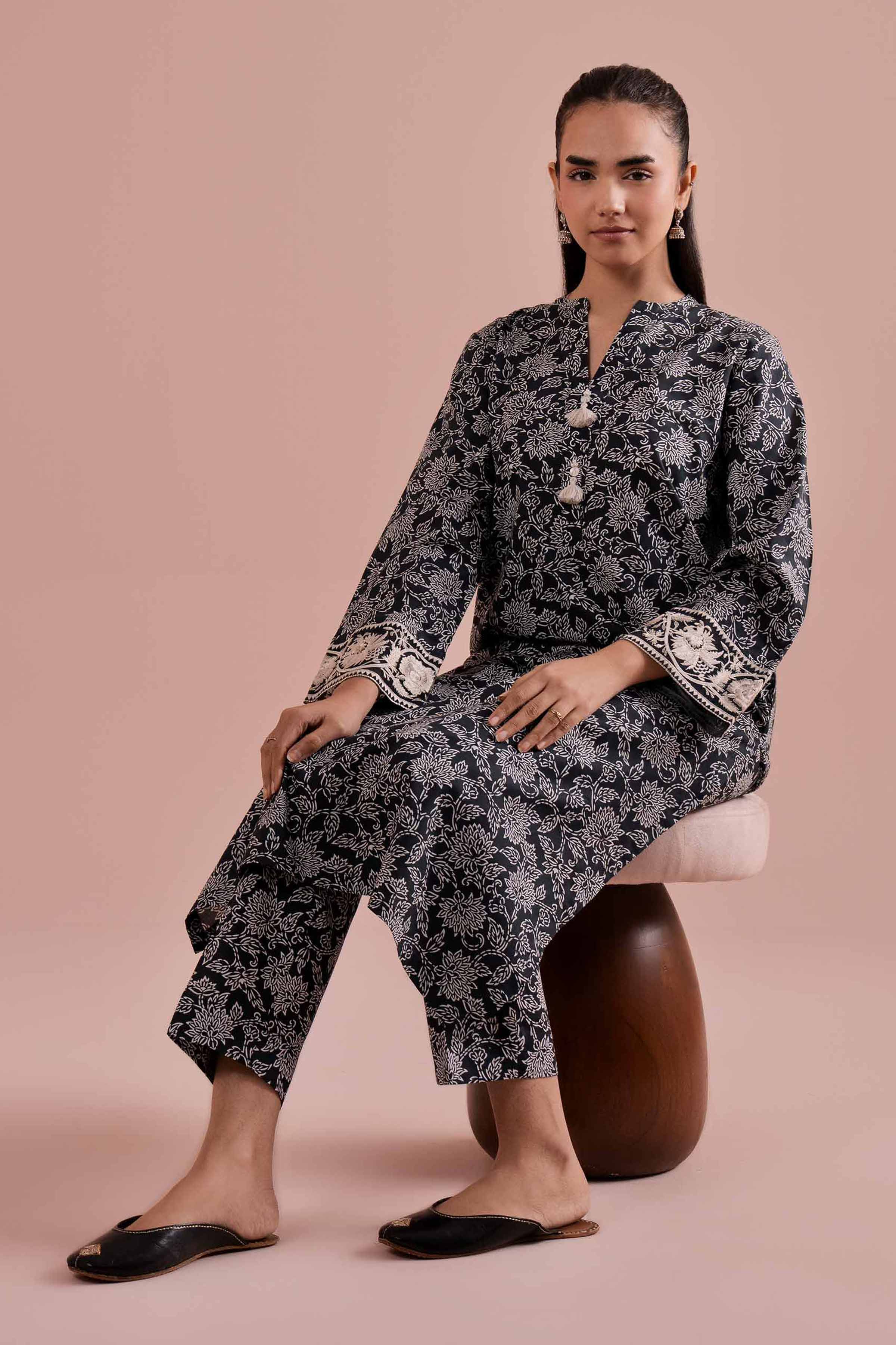 2 Piece - Printed Embroidered Suit - PE26-198 Black Cambric 2PC Embroidered READY TO WEAR