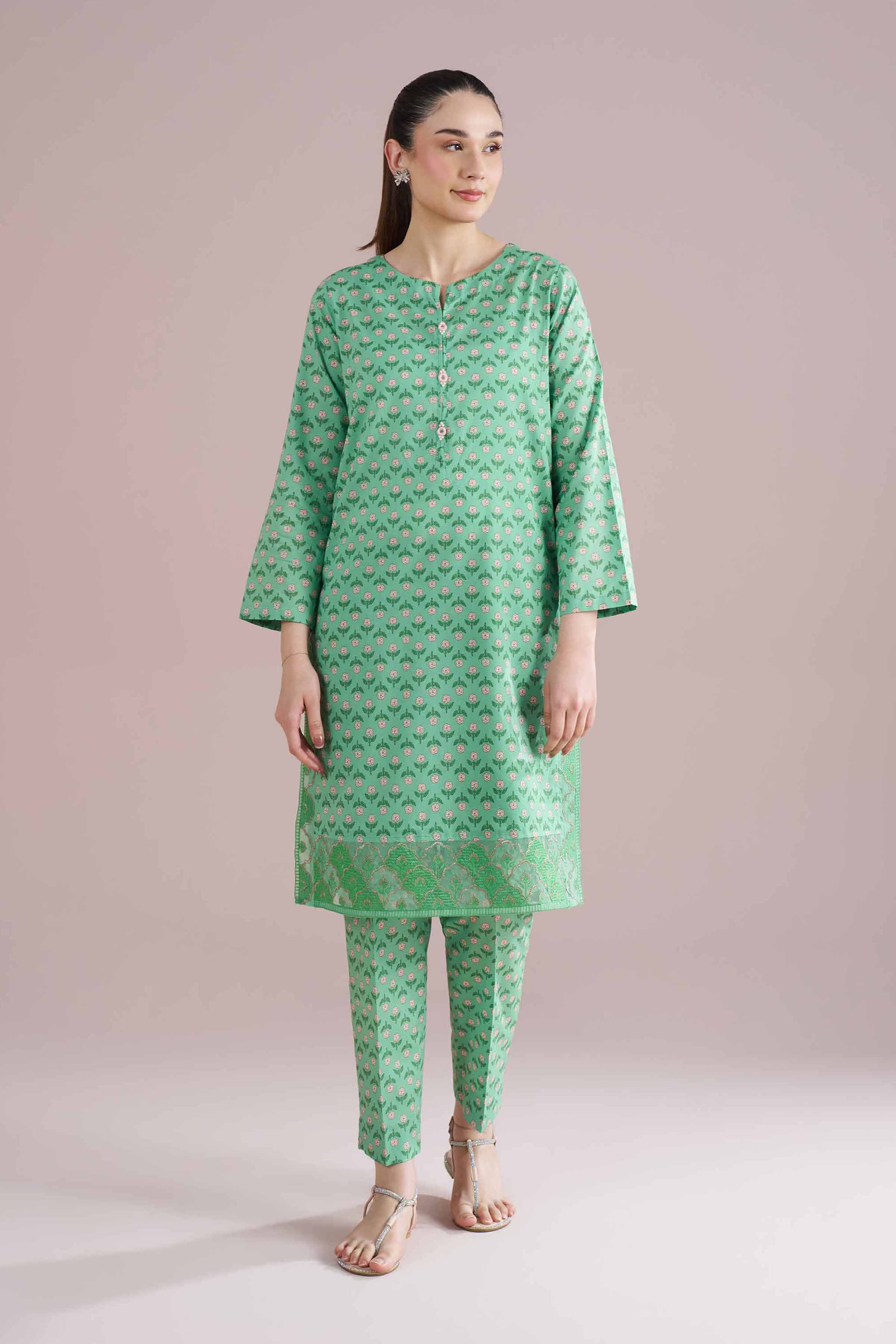 2 Piece - Printed Embroidered Suit - PE26-201 Green Cambric 2PC Embroidered READY TO WEAR