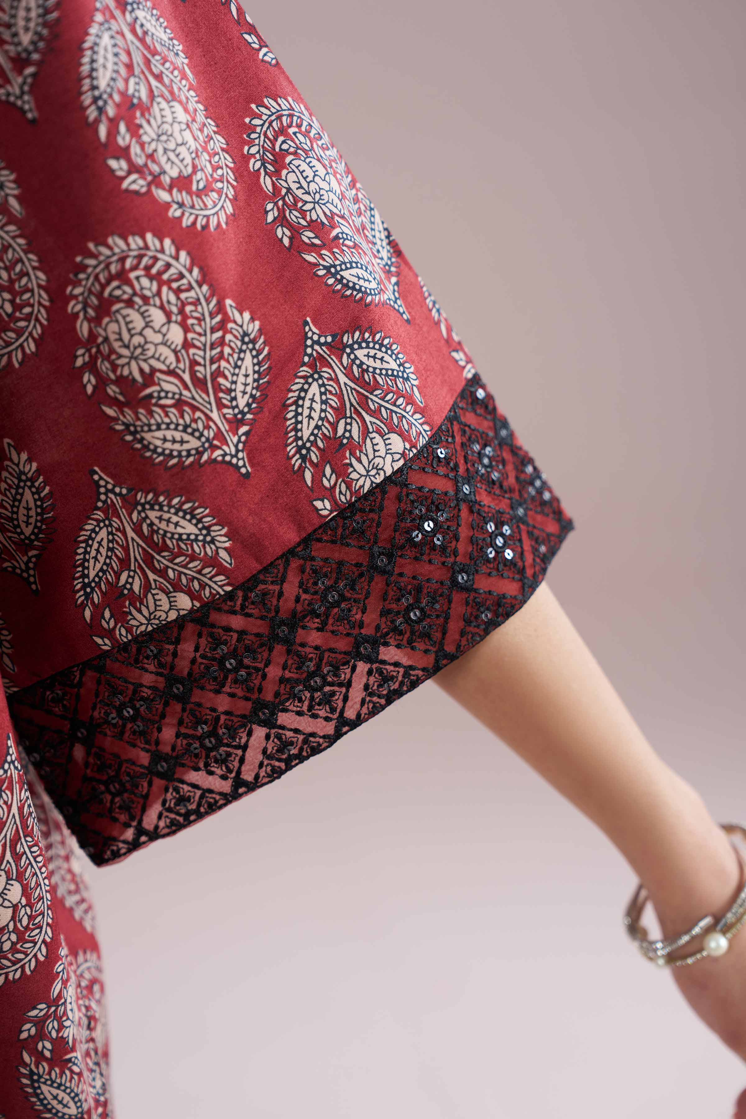 2 Piece - Printed Embroidered Suit - PE26-203 Red Cambric 2PC Embroidered READY TO WEAR